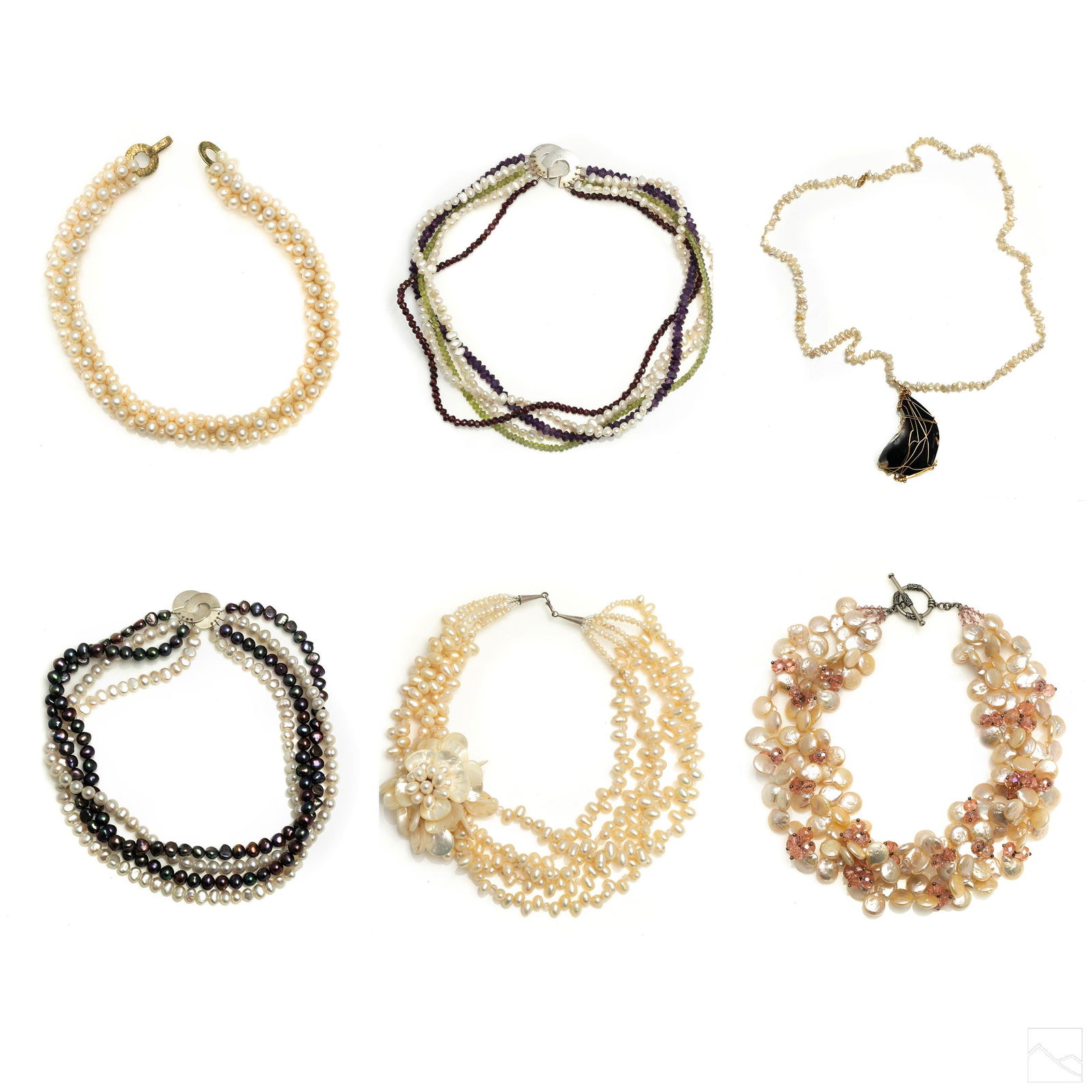 Fresh Water Pearl Beaded Vintage Necklaces Group: Estate lot of six assorted vintage beaded fresh water pearl necklaces, with other semi-precious stones and crystals. Includes: one 9 in. triple strand coin pearl necklace with Swarovski faceted bead a