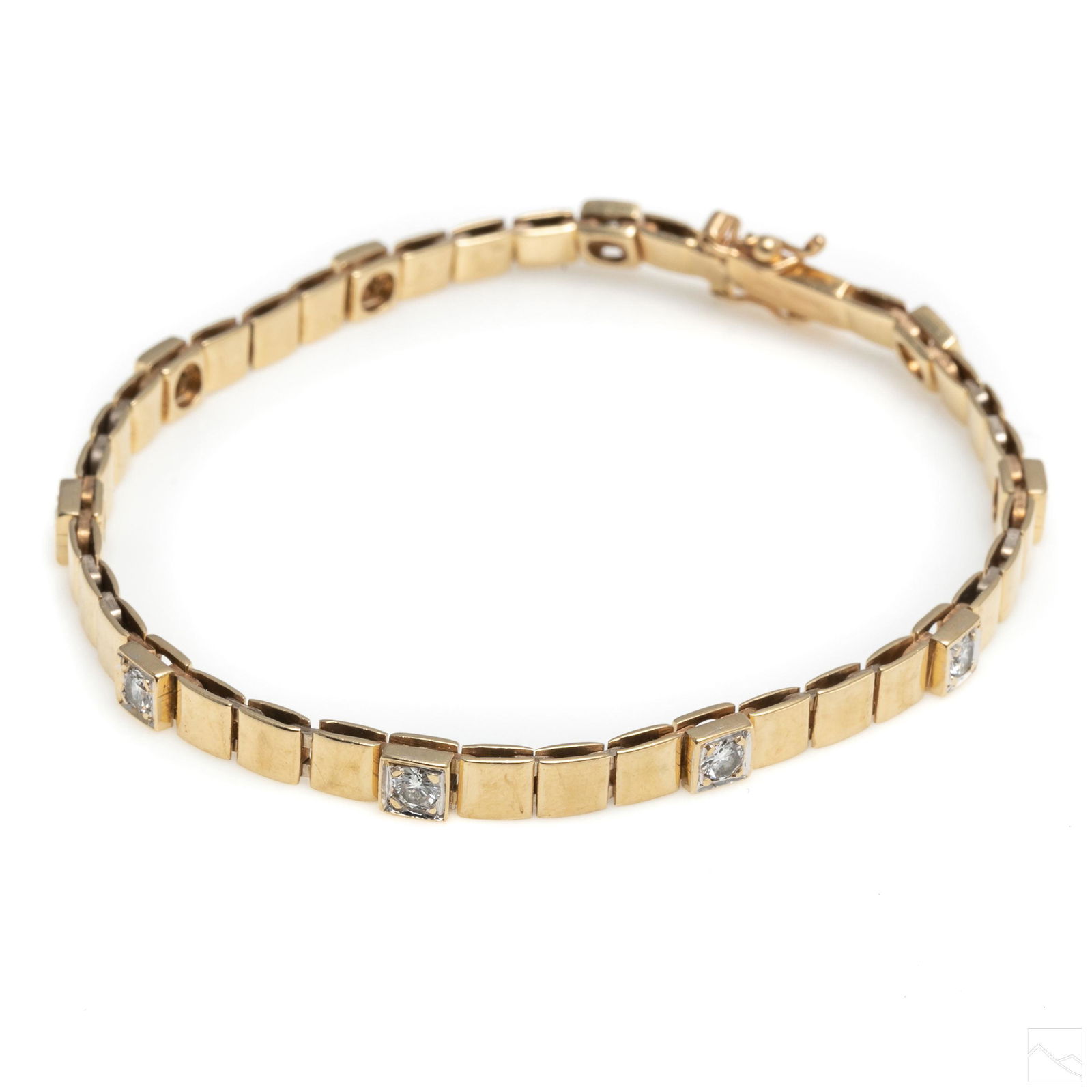 14K Yellow Gold & .80 CTTW Ladies Diamond Bracelet: Ladies 14k yellow gold and diamond bracelet. With pave set round cut diamonds separated by polished square links and double safety closure. Total diamond weight .80 carat. Measures 7 in. x .15 in. Tot