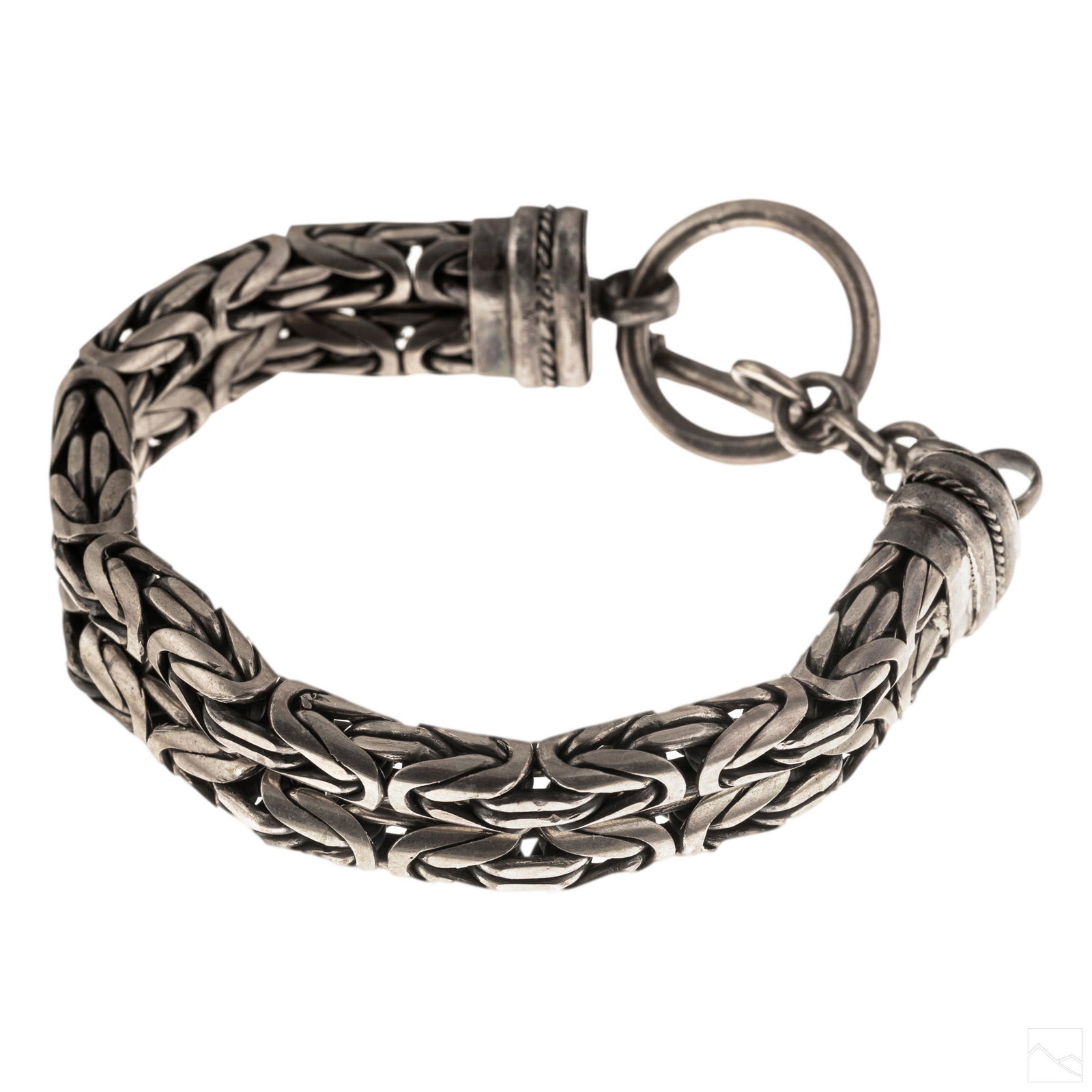 Mens Heavy Sterling Silver Byzantine Link Bracelet: Men's vintage double strand sterling silver Byzantine link bracelet. With two 7.5mm wide strands with toggle closure. Stamped 925. Measures 7.75 in. x .65 in. Weight 104 grams. SHIPPING Hill Auction G