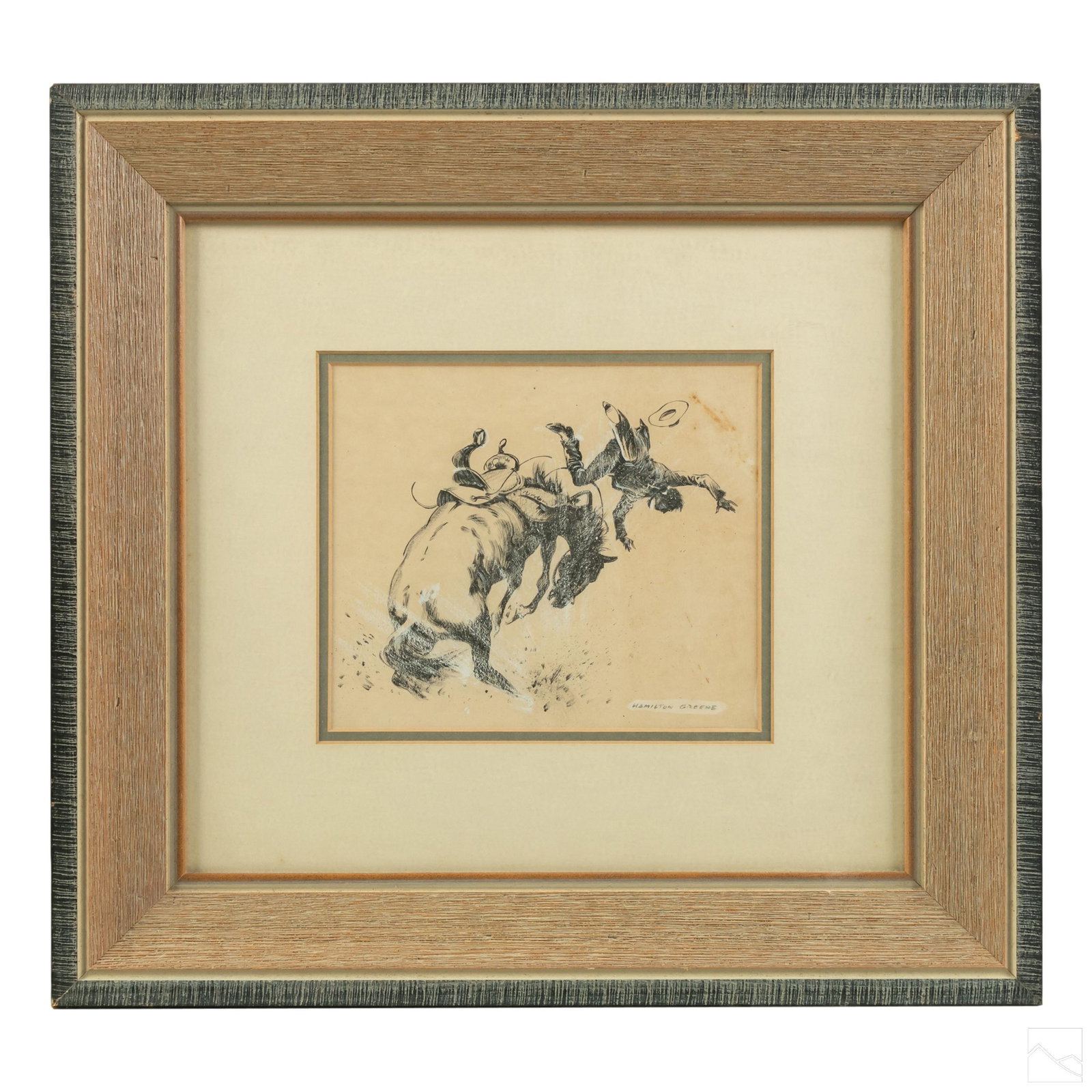Hamilton Greene 1904-1966 Bronco & Cowboy Drawing: Hamilton Williams Greene (American, 1904-1966). Ink and other media drawing. Illustration of a bronco busting cowboy being hurled off the horse. Artist signed to lower right, HAMILTON GREENE. The arti