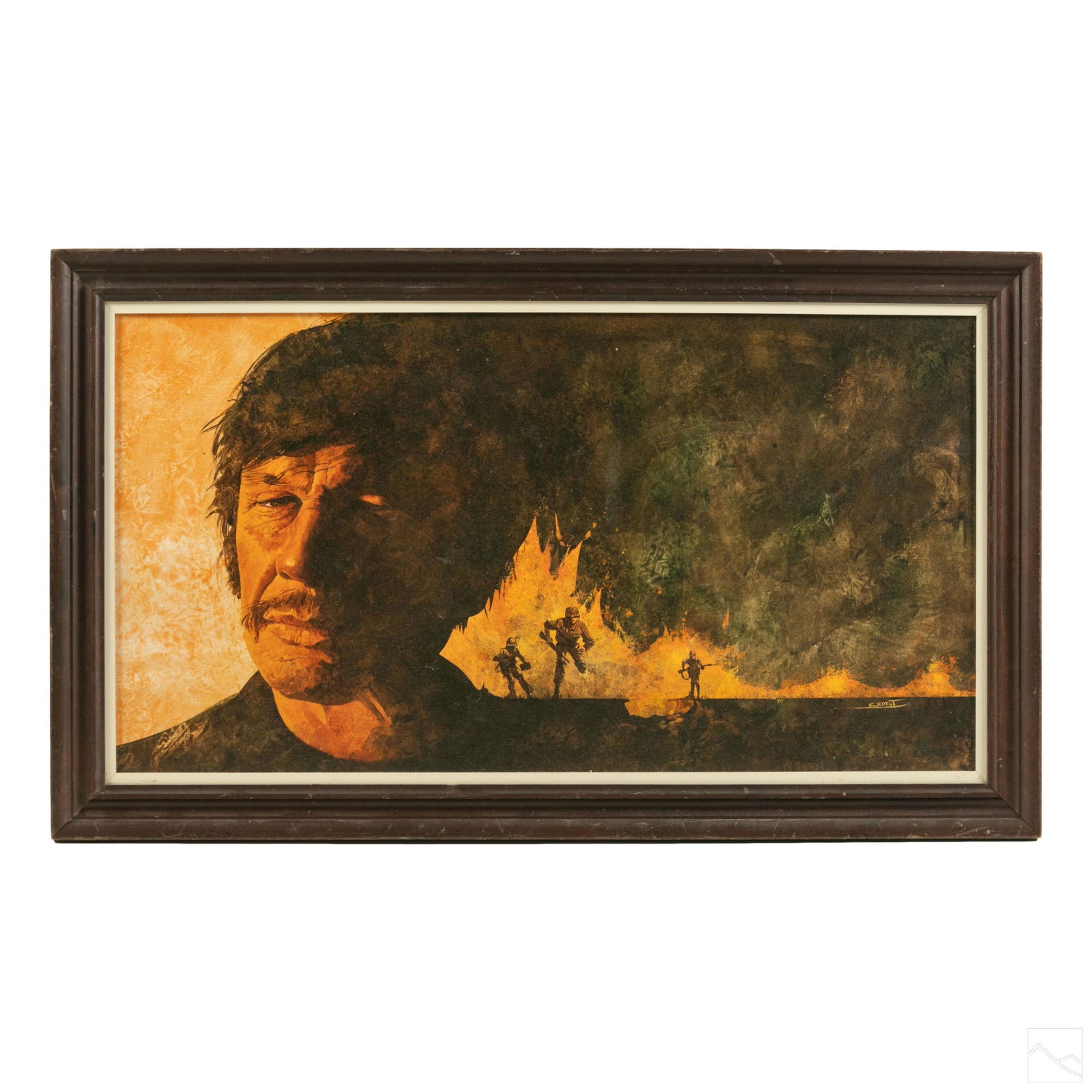 Bob Crofut b.1951 Charles Bronson Vietnam Painting: Robert Crofut (American, born 1951). Original oil painting on canvas board, a portrait of American actor Charles Bronson (1921-2003) depicted superimposed over a war scene. Artist signed lower right C