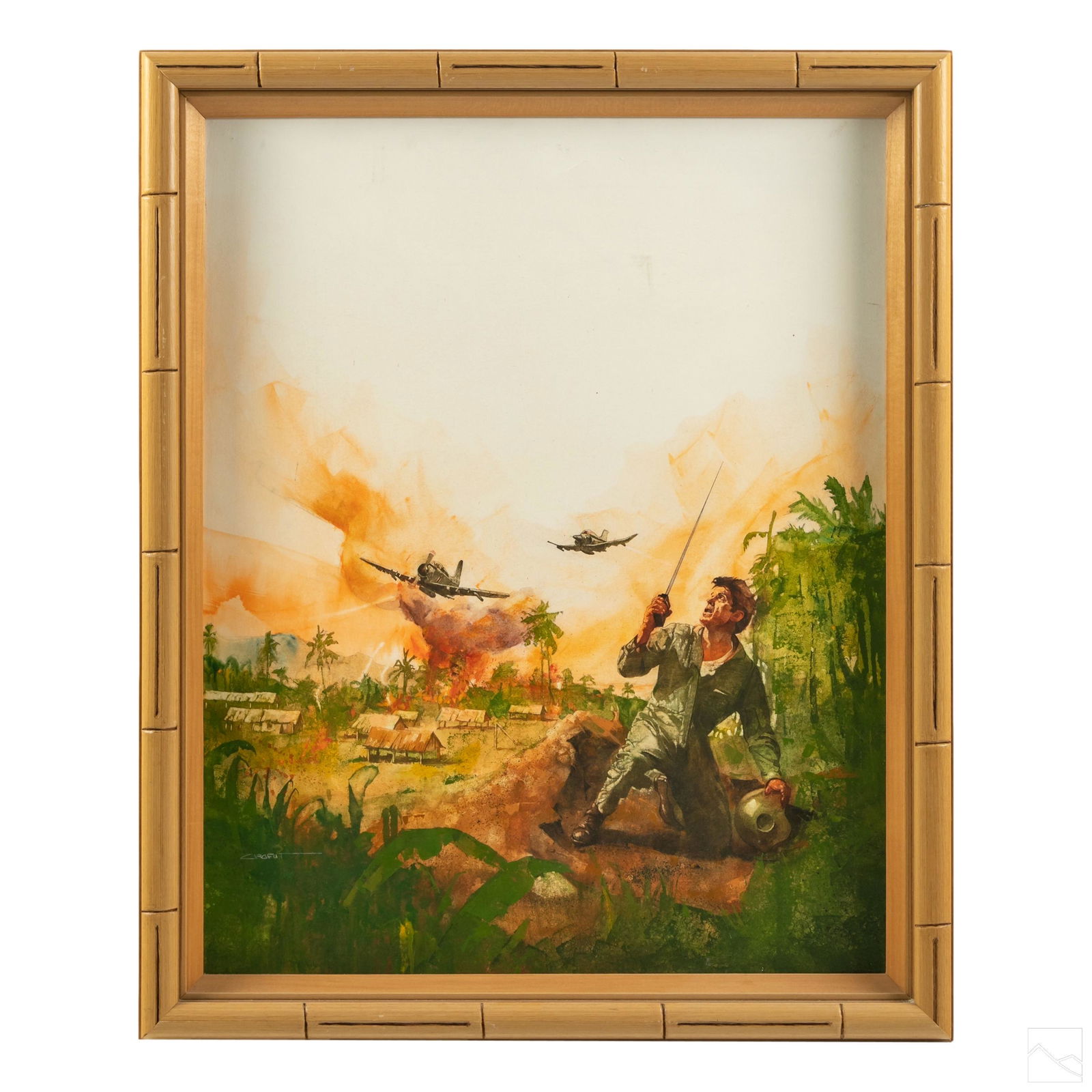 Bob Crofut b.1951 Cover Art Illustration Painting: Robert Crofut (American, born 1951). Original oil painting on canvas, a dramatic battle scene with a soldier to foreground, speaking into a hand radio, with two warplanes in flight over a Southeast As