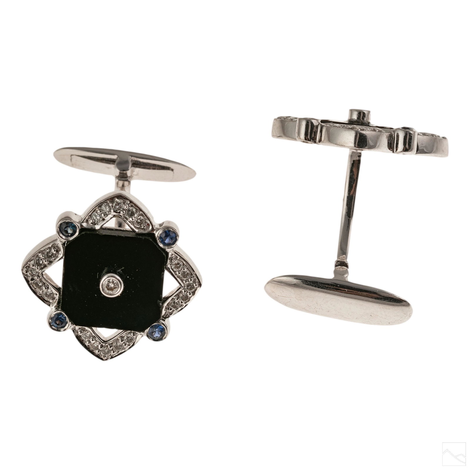 18K White Gold Designer Diamond Sapphire Cufflinks: Pair of designer white gold cufflinks with diamonds and sapphires around a black onyx panels. Marked BA 18k. Gemstone weight is approximately .15 carats. Total weight 9.5 grams. Measures .75 in. x .60