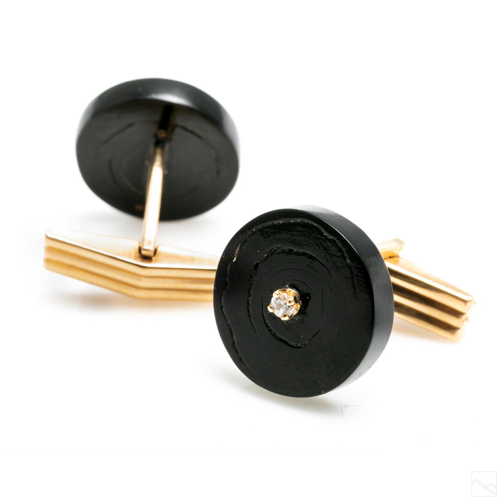 14K Gold BK Passman Diamond Black Coral Cufflinks: Rare black coral, diamond, and 14k gold men's cufflinks by Bernard K. Passman. With natural prong set diamonds set in the center of the black coral cufflink face. Marked 14k. Total diamond weight appr