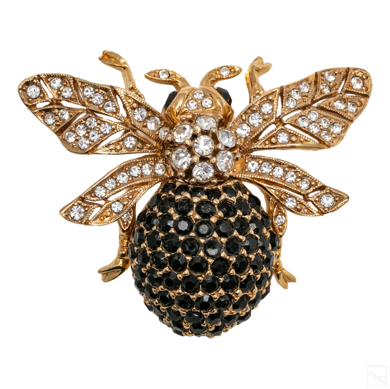 Ciner 1892 Scarce Gold Tone Crystal Bee Brooch Pin: Vintage costume jewelry brooch by Ciner. Features the form of a bee with reticulated wings and white and black rhinestones set in the wings and body. Marked Ciner 1892. Measures 2.5 in. x 2.75 in. x .