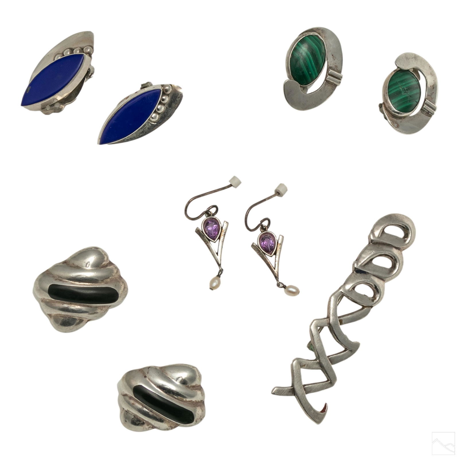 Mexican Sterling Silver Jewelry 9Pc Collection 36g: Estate lot of nine Mexican sterling silver jewelry pieces. Good condition with mild wear. Includes (1) pair malachite stone and sterling silver clip on earrings. Good condition with normal age wear. (