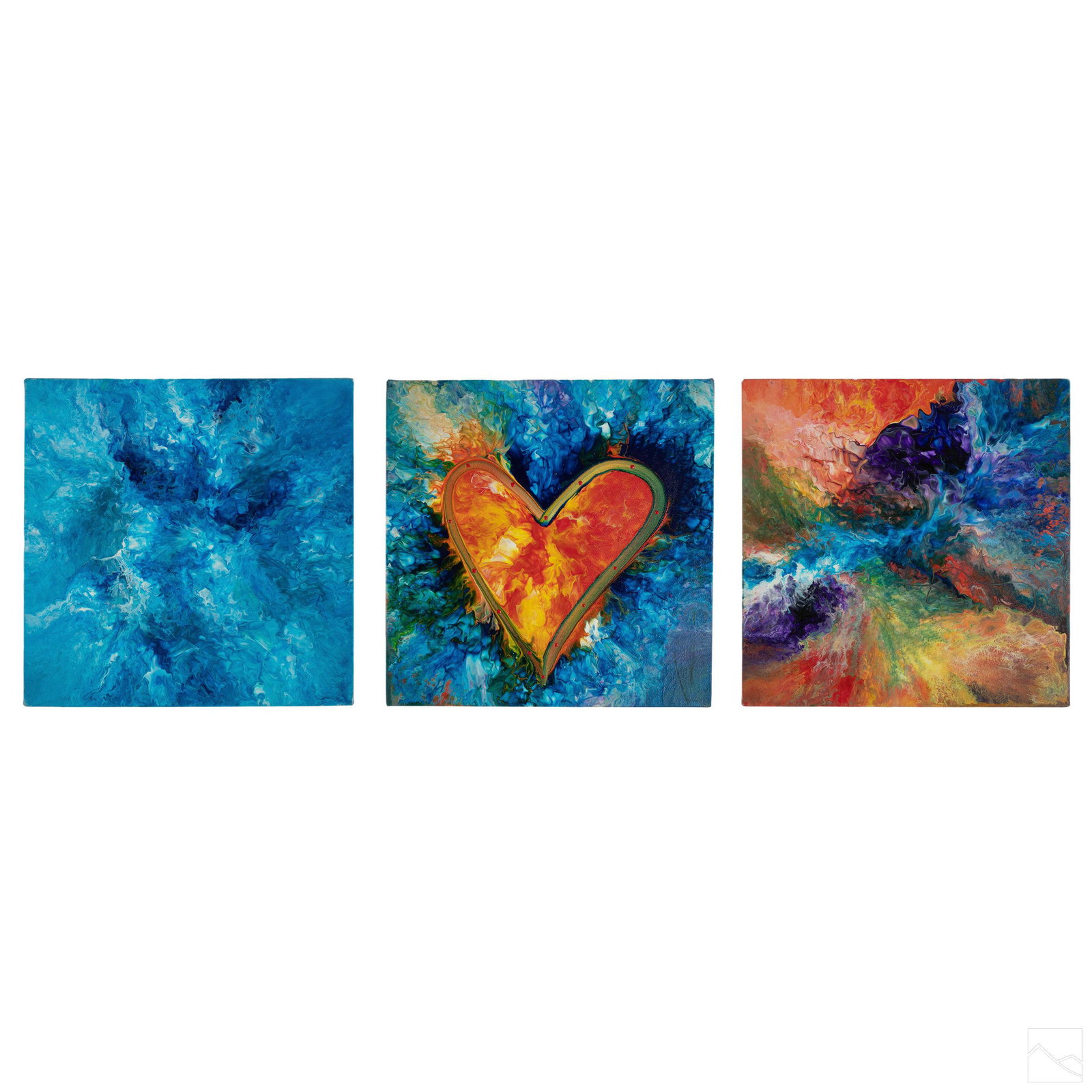 Rick Ott (20th Century) Abstract Pop Art Paintings: Rick Ott (American, 20th Century). Collection of three pop art abstract paintings on canvas. Works depict an abstract swirl of colors, one emblazoned with a fiery heart. Signed on right edge of all wo