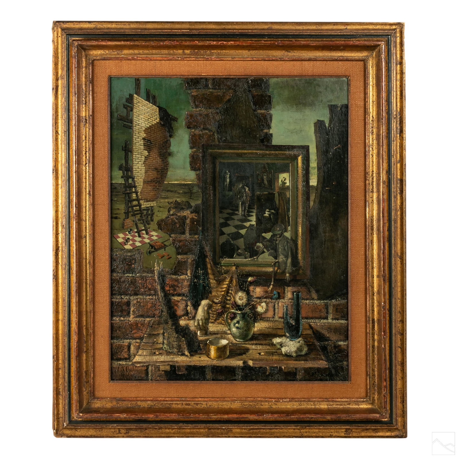Rene Hansoul (1910-1979) Surrealism Oil Painting: Rene Hansoul (Belgian,1910-1979). Original oil painting on canvas. Titled "L'Atelier". A Surrealist study with face, bricks, clouds, a skeleton, and other forms. Label on verso with additional informa