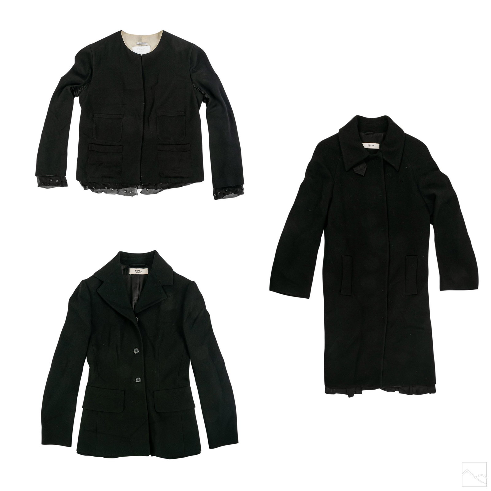 Prada Ladies Black Blazer Jacket and Coat Group Sm: Collection of three black Prada jackets. Includes (1) Prada black long wool coat. Size 38. Features 6 snap closure buttons down front, with two pockets. Sheer silk inner lining. Measures approximately