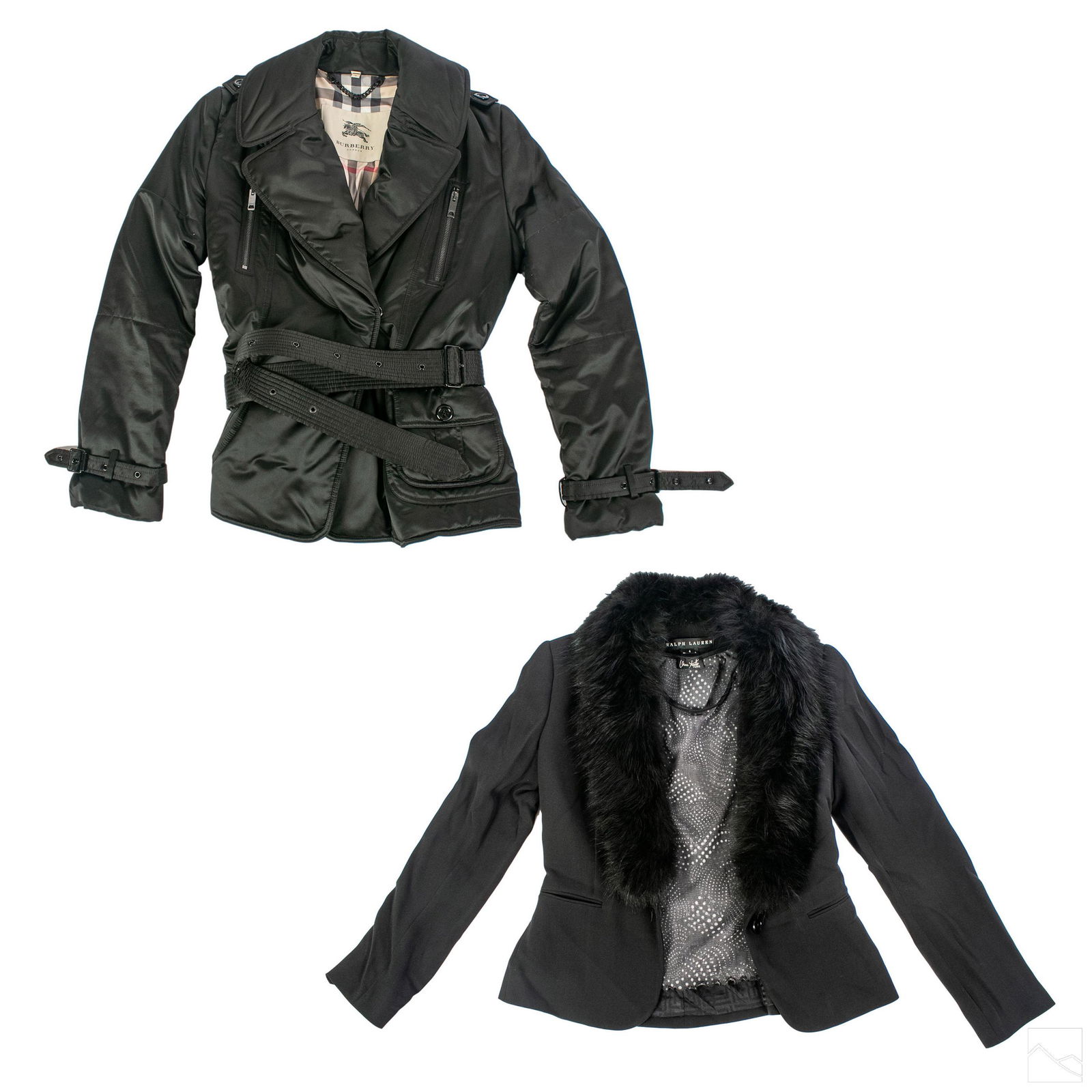 Ralph Lauren Blazer & Burberry Ladies Coats Group: Collection of two designer ladies blazer and coat. Includes (1) Ralph Lauren black ladies silk jacket with faux black fur collar. Size 4. Measures approximate 22 in. long, 34 in. bust, 23 in. sleeve.