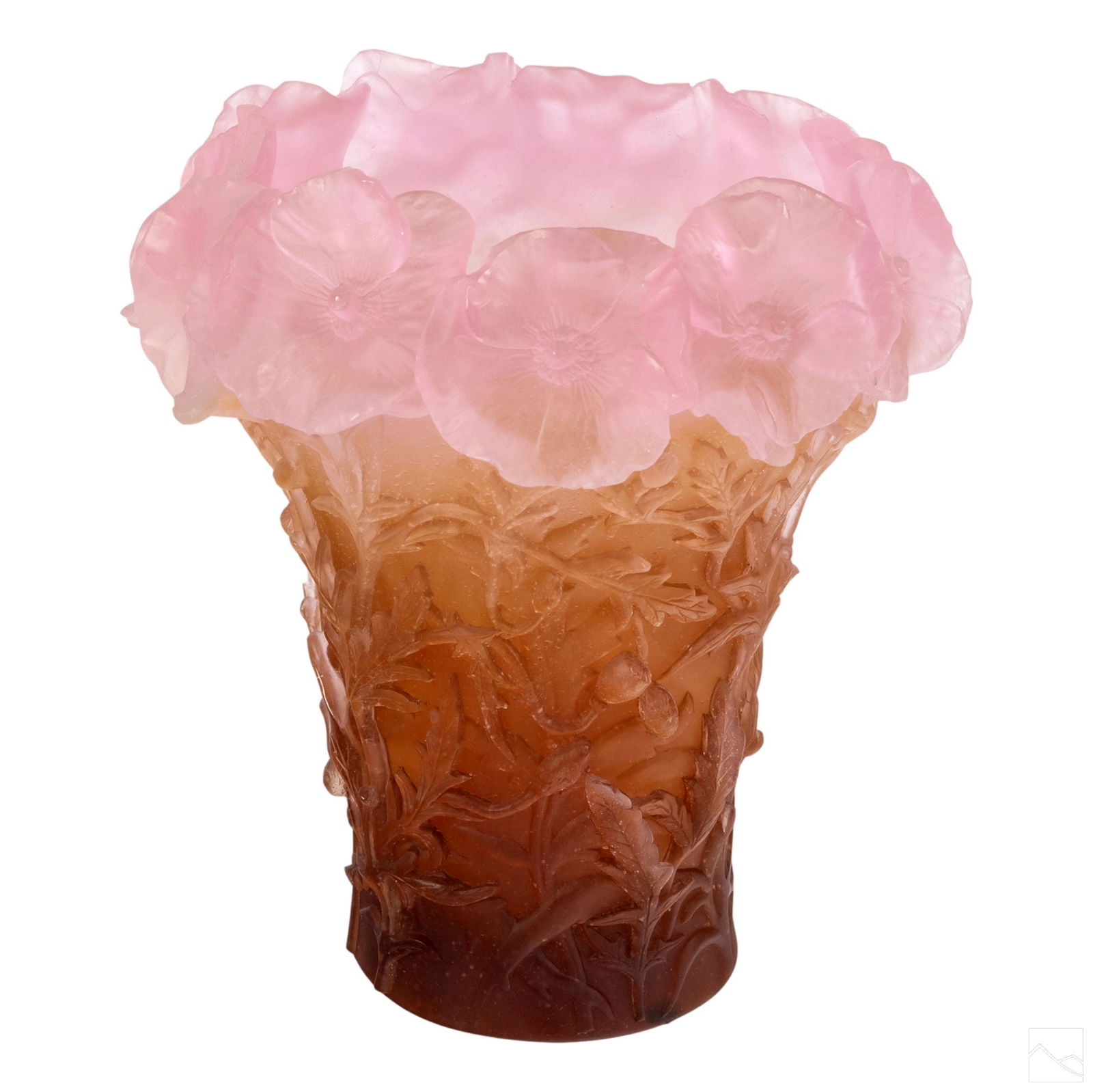 Daum French Art Glass Pate de Verre Hibiscus Vase: Crafted of fine quality French art glass. Hibiscus pattern with scrolling stems in amber with fading to a light pink color floral border top. Daum France script signature. SHIPPINGHill Auction Gallery