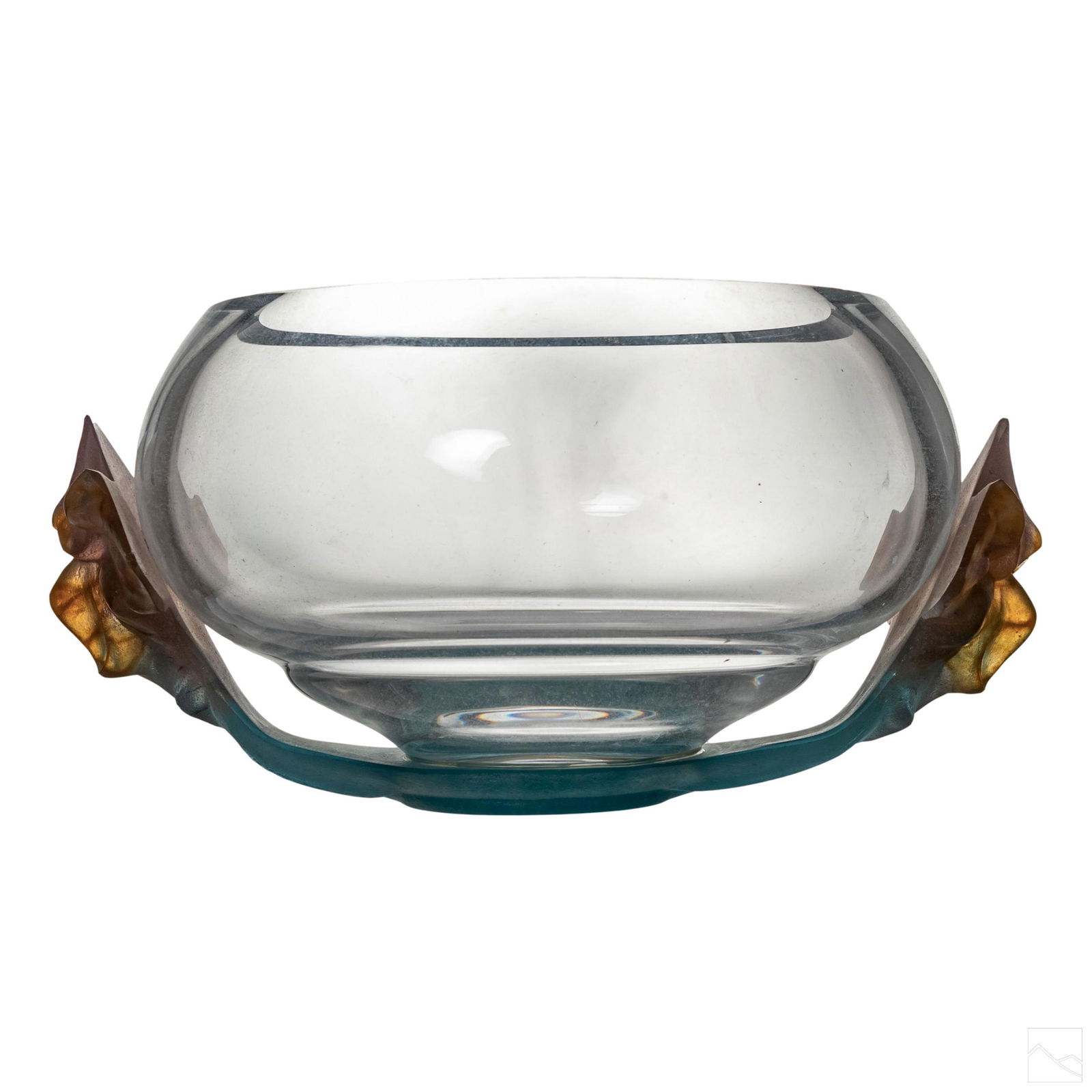 Daum French Crystal Pate De Verre Dual Flower Bowl: Daum France art glass centerpiece bowl. Features two blue & orange pate de verre orchid flower handles. Signed Daum France. SHIPPINGHill Auction Gallery will offer in-house continental USA shipping fo