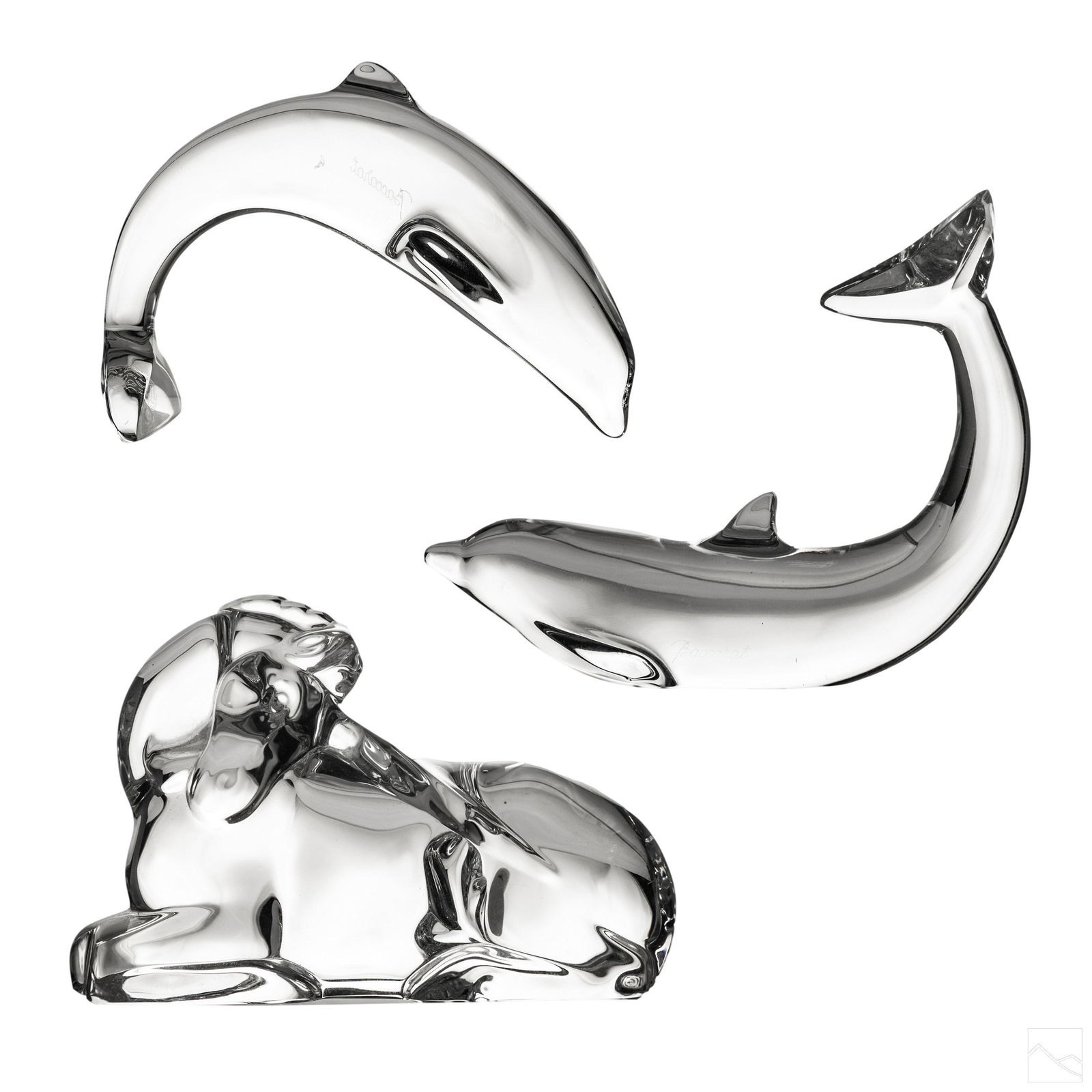 Baccarat Dolphin & Unicorn Glass Paperweight Group: Collection of Baccarat paperweights. Crafted of fine quality French art glass crystal. Includes two porpoise paperweight figures. One stands on its belly( 4 in. x 5.5 in. 1.5 in.) and the other stands