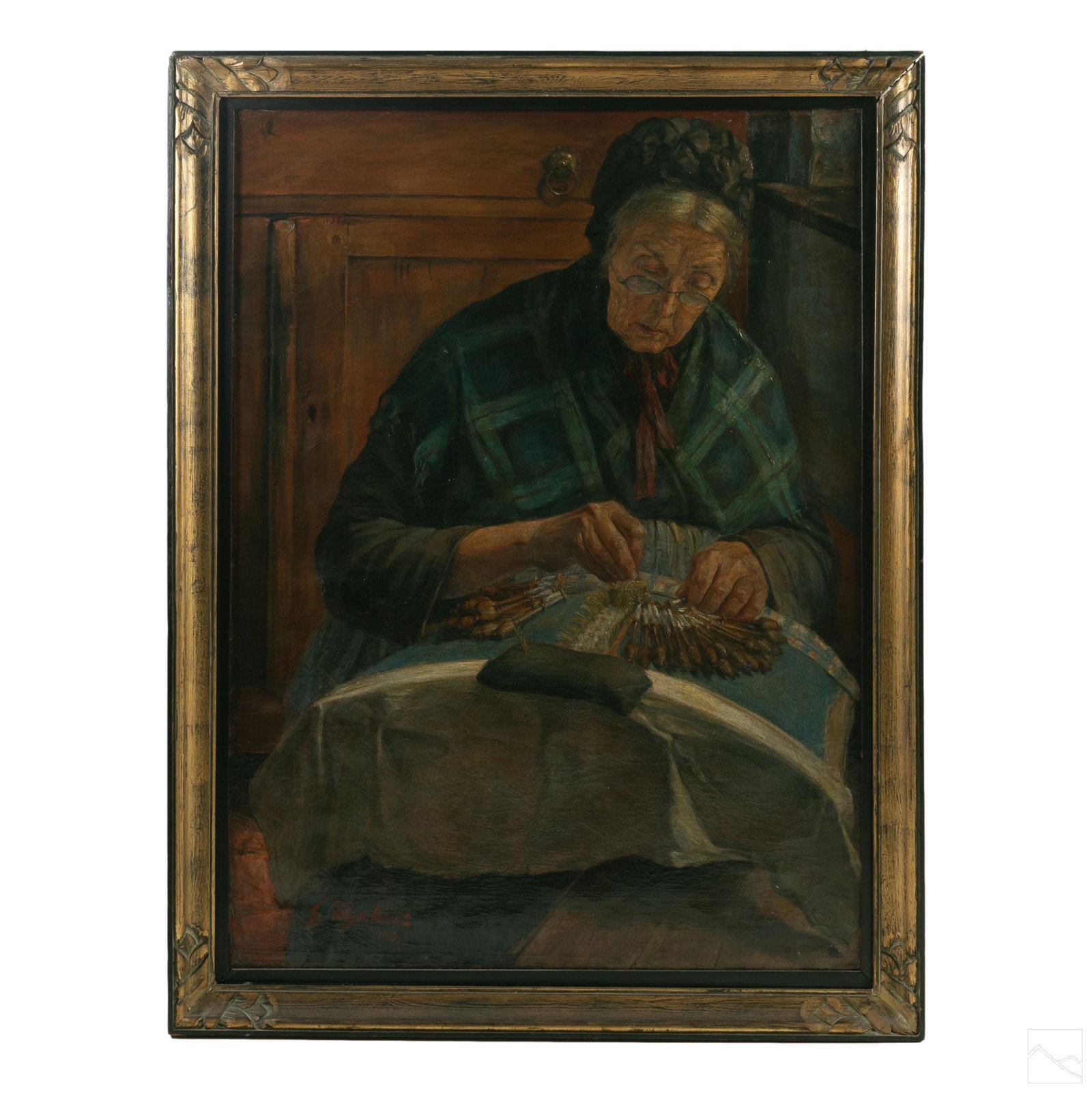 Emile Thysebaert (1873-1963) Portrait Oil Painting: Emile Thysebaert (Belgian, 1873-1963). Signed original antique oil painting on canvas. Portrait of an old woman knitting. Housed in an ornate antique frame. Signed lower left. Work size: 43 x 31.5 inc