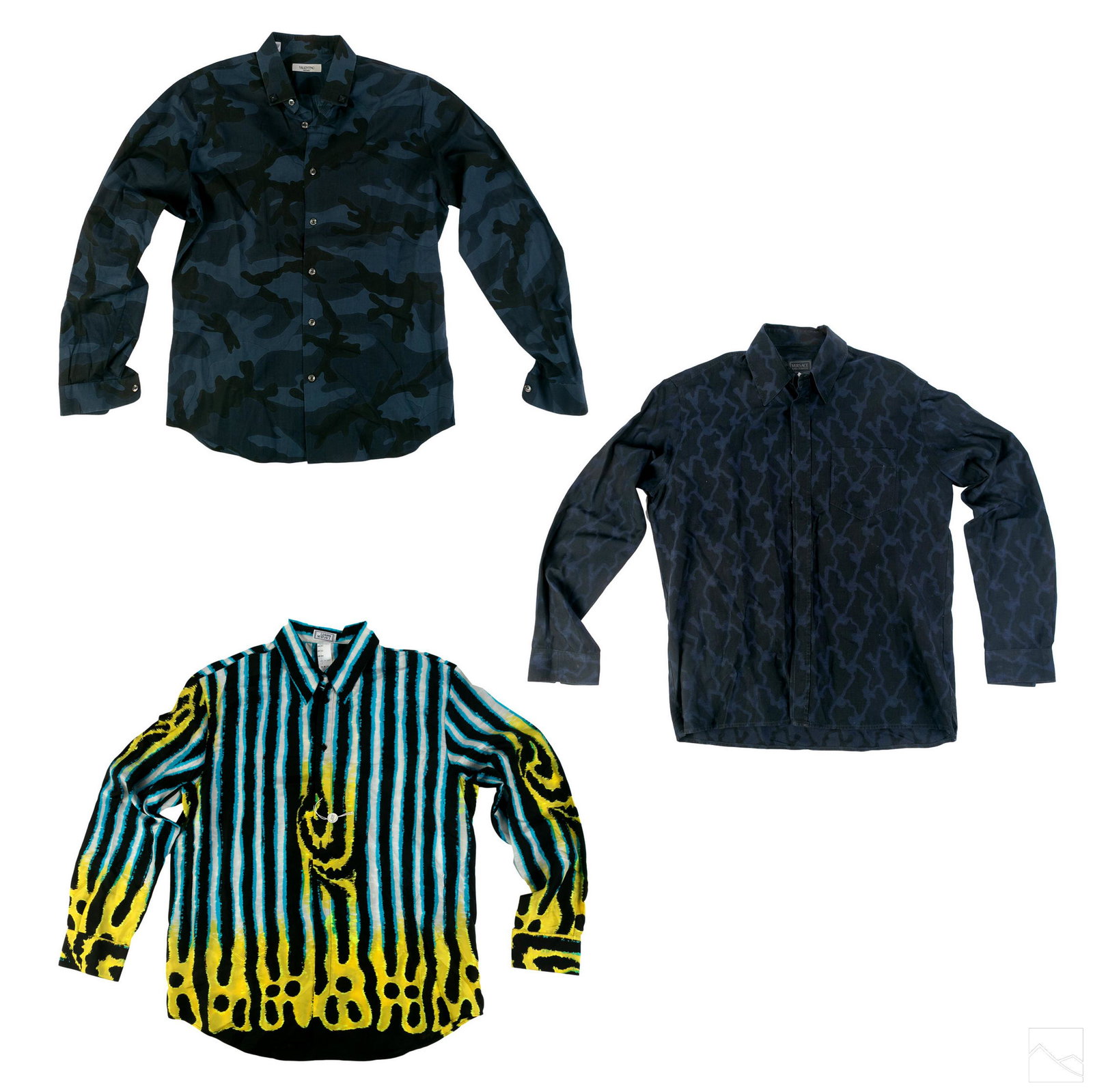 Valentino & Versace Men's Collar Dress Shirt Group: Collection of three designer button down, long sleeve dress shirts. Includes (1) Versace dark blue/black cotton shirt. Measures 27 in. long, 19 in. shoulder width, 48 in. chest, 25 in. sleeve length. 