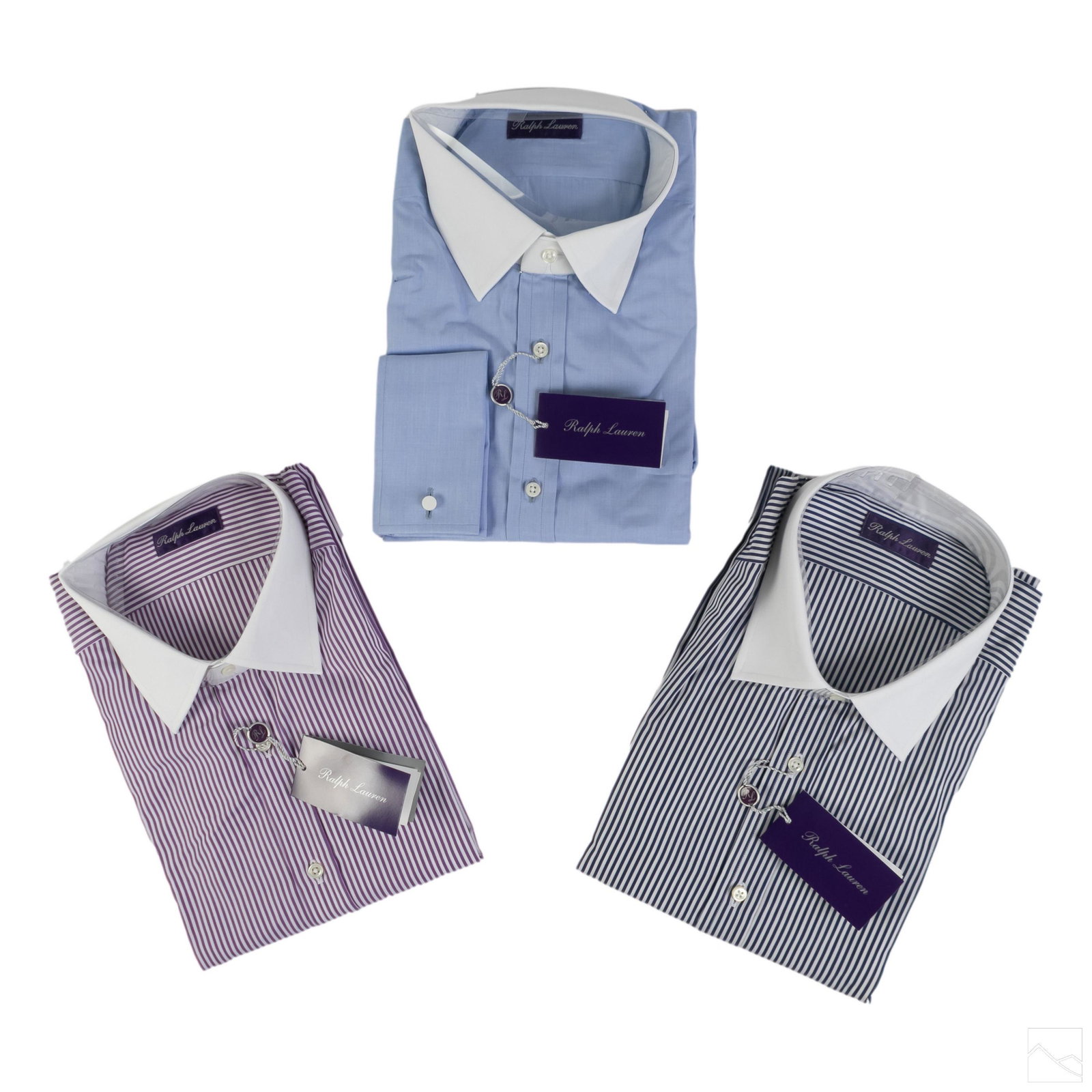 Ralph Lauren Purple Label Mens Dress Shirt Lot S17: Collection of three Ralph Lauren purple label men's button down, long sleeve dress shirts. Each feature mother of pearl buttons. Includes (1) purple stripe with white collar, (1) navy blue stripe with