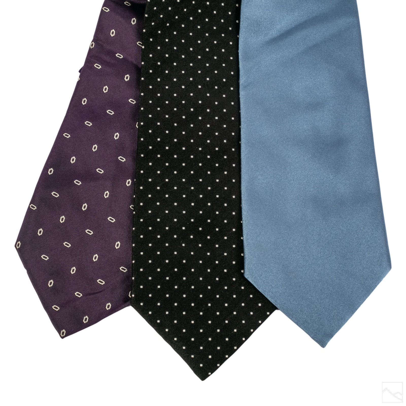 Ralph Lauren Purple Tag Men's Dress Ties Group NEW: Collection of three Ralph Lauren men's dress ties. Includes (1) black silk tie with white dots. (1) Light blue silk tie. (1) Purple with white circle design silk tie. All new retaining original price 