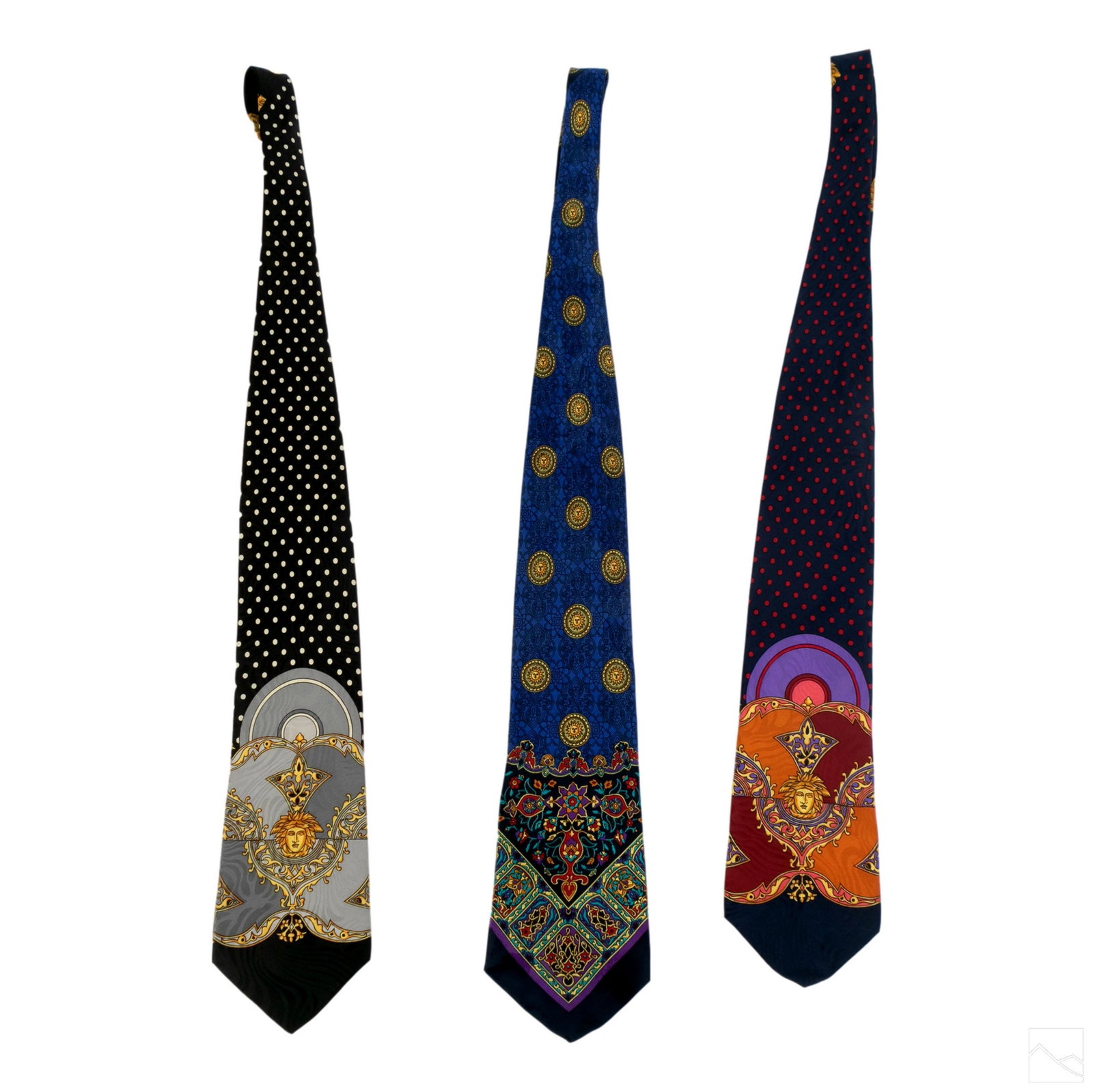 Gianni Versace Designer Silk Dress Ties Collection: Group of three Gianni Versace men's dress ties. Includes (1) Gold medusa head with black and white dots. (1) Royal blue with gold sun with face tie. (1) Dark blue with red dots and gold medusa face ti