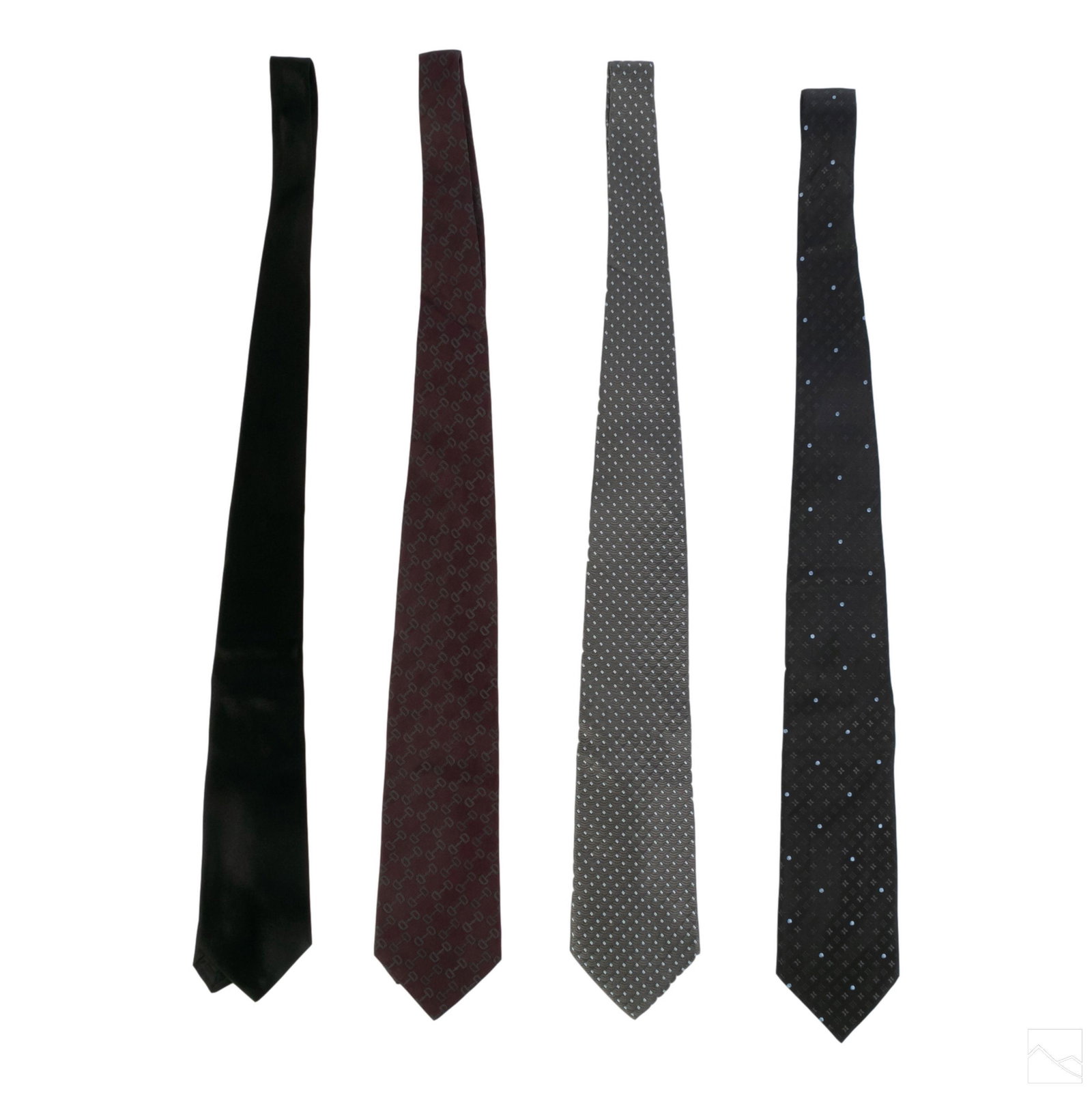 Armani LV Gucci Dolce Gabbana Men's Designer Ties: Collection of four designer men's dress ties. Includes (1) Black silk Dolce & Gabbana tie. (1) Gucci burgundy horse bit pattern tie. (1) Giorgio Armani silver silk pattern tie. (1) Louis Vuitton black