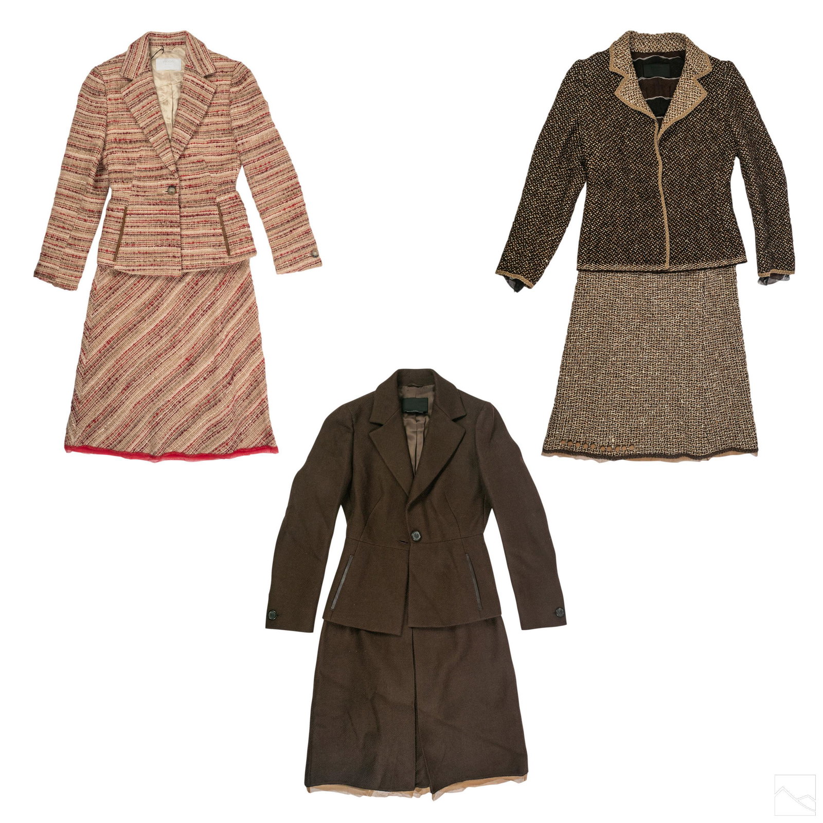 Prada Two Piece Wool Skirt Jacket Suit Group sz 40: Three Prada skirt and blazer wool knit suits. Includes (1) Prada brown and beige knit wool skirt and blazer set. Jacket size 40, skirt size 42. Jacket measures 22 in. long, 34 in. bust, 20 long sleeve