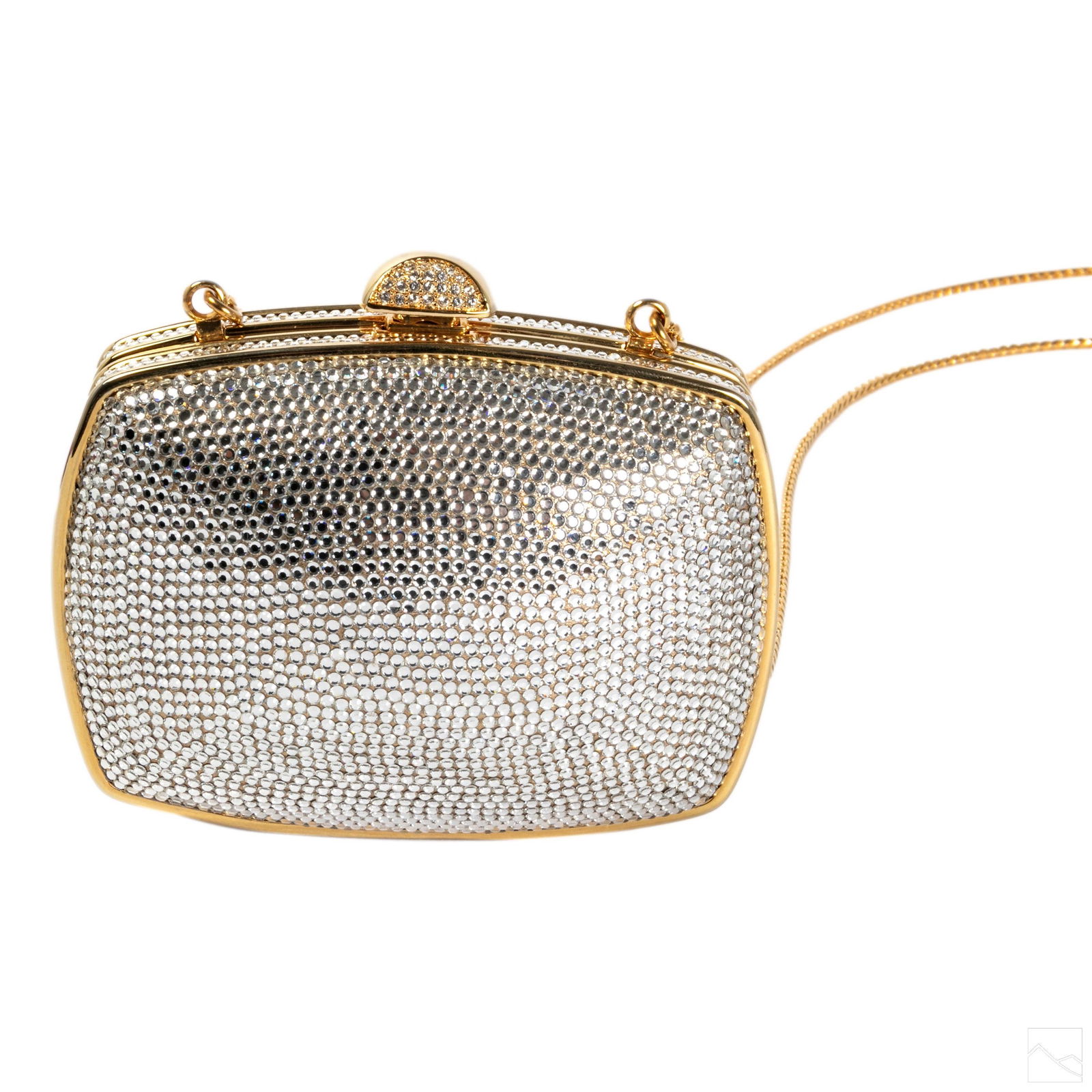 Judith Leiber Crystals Embellished Gilt Box Purse: Vintage Judith Leiber evening bag. Purse with gilt interior leather lining, and gilt hardware. Embellished in Swarovski crystals. Includes 25 in. gilt chain shoulder strap and red Judith Leiber dust b