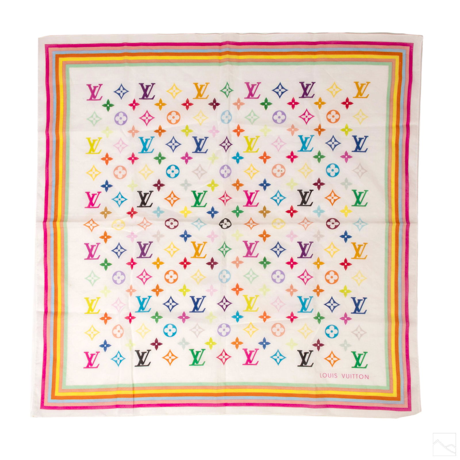 Louis Vuitton Multi-Colored Modern LV Cotton Scarf: Louis Vuitton (French). Multi-color LV monogrammed cotton bandana scarf. Does not include box. Measures 21 in. x 21 in. SHIPPINGHill Auction Gallery will offer in-house continental USA shipping for $2