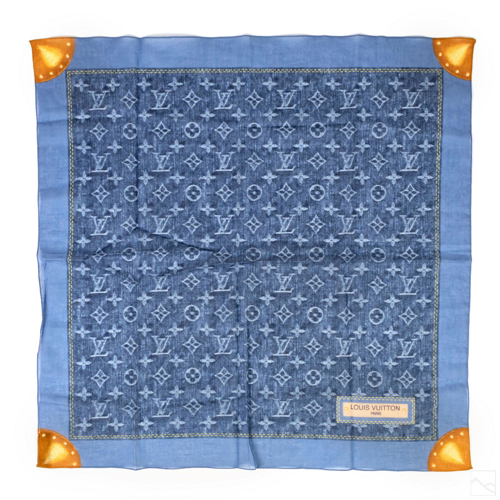 Louis Vuitton Blue Jean Pattern LV Cotton Scarf: Louis Vuitton (French). Blue jean pattern LV monogrammed cotton bandana scarf. Does not include box. Measures 21 in. x 21 in. SHIPPINGHill Auction Gallery will offer in-house continental USA shipping