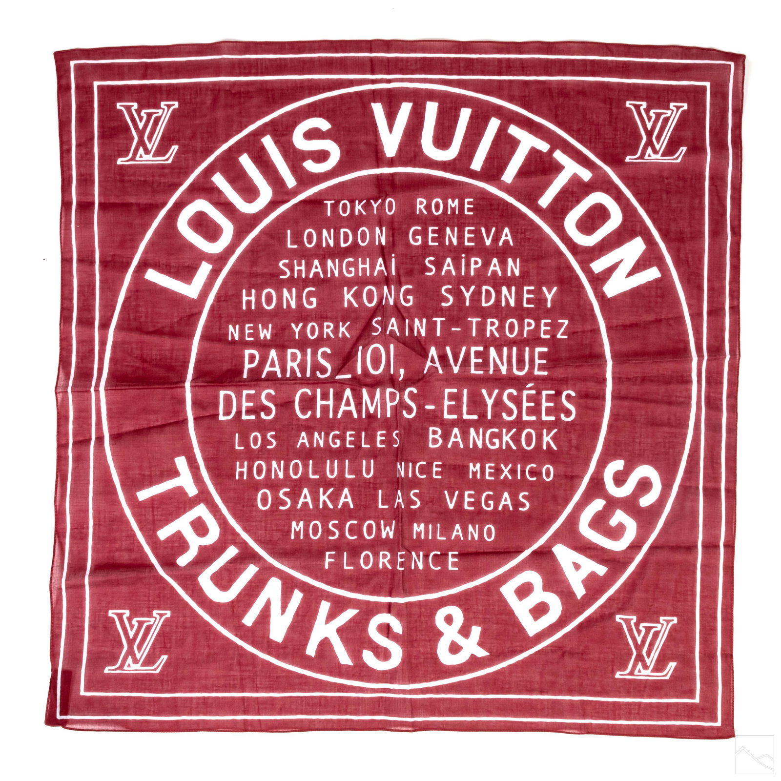 Louis Vuitton Maroon LV Logo Cotton Scarf Bandana: Louis Vuitton (French). Maroon LV monogrammed cotton bandana scarf. Does not include box. Measures 21 in. x 21 in. SHIPPINGHill Auction Gallery will offer in-house continental USA shipping for $20 plu