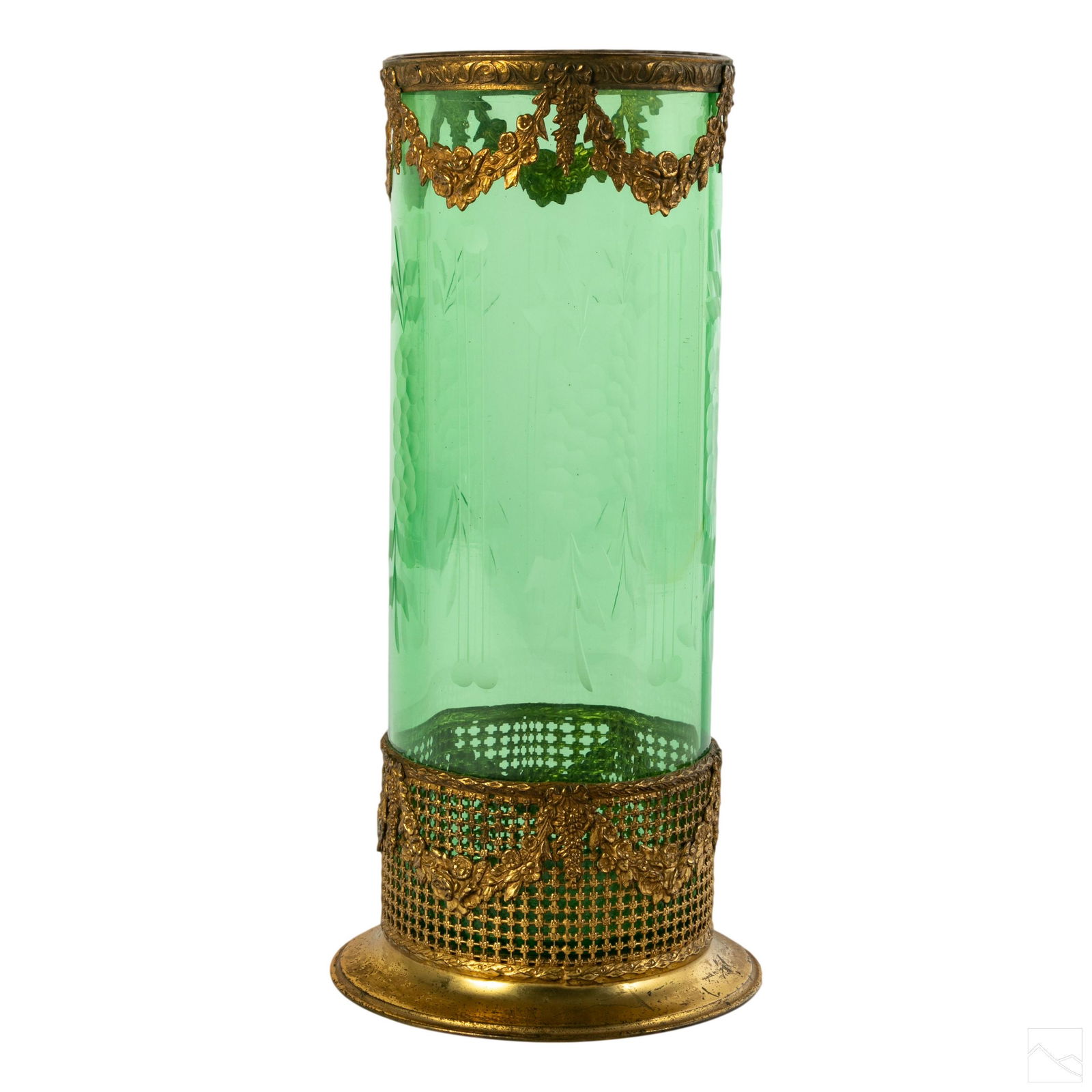 French Antique Dore Bronze & Green Cut Glass Vase: Antique French green cut glass vase with gilt bronze mounts. With encircling floral wreath at the top and pierced gilt metal work at the base. SHIPPINGHill Auction Gallery will offer in-house continen