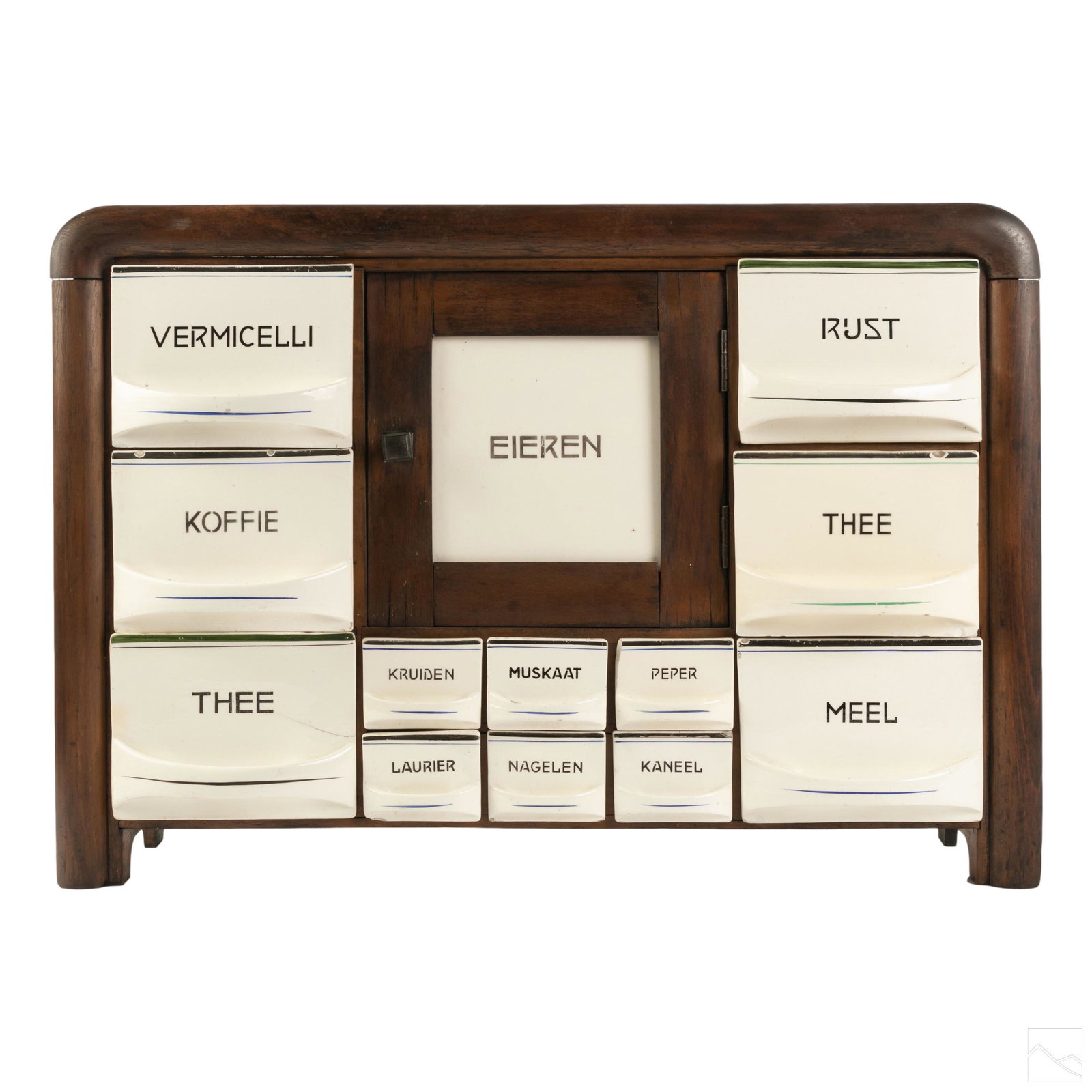 Dutch Maestricht 24" Antique Ceramic Spice Cabinet: Antique spice rack wall mount cabinet by Wick Maestricht. Made in Holland. Wooden Art Deco design cabinet frame with with twelve ceramic porcelain pull drawers and one pull door in the center. Interio