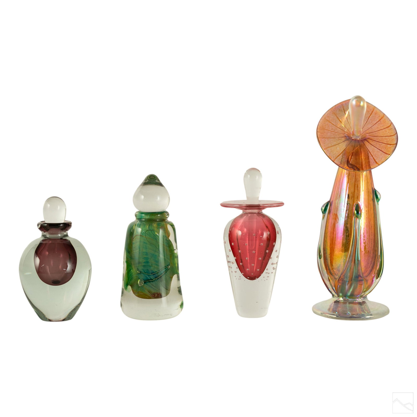 Studio Art Glass Vintage Perfume Bottle Collection: Collection of four vintage studio art glass perfume bottles. Includes (1) 7 1/2 in. Artist signed Ron Mynatt iridescent calla lily shaped art glass art nouveau style perfume bottle with stopper. (1) 5
