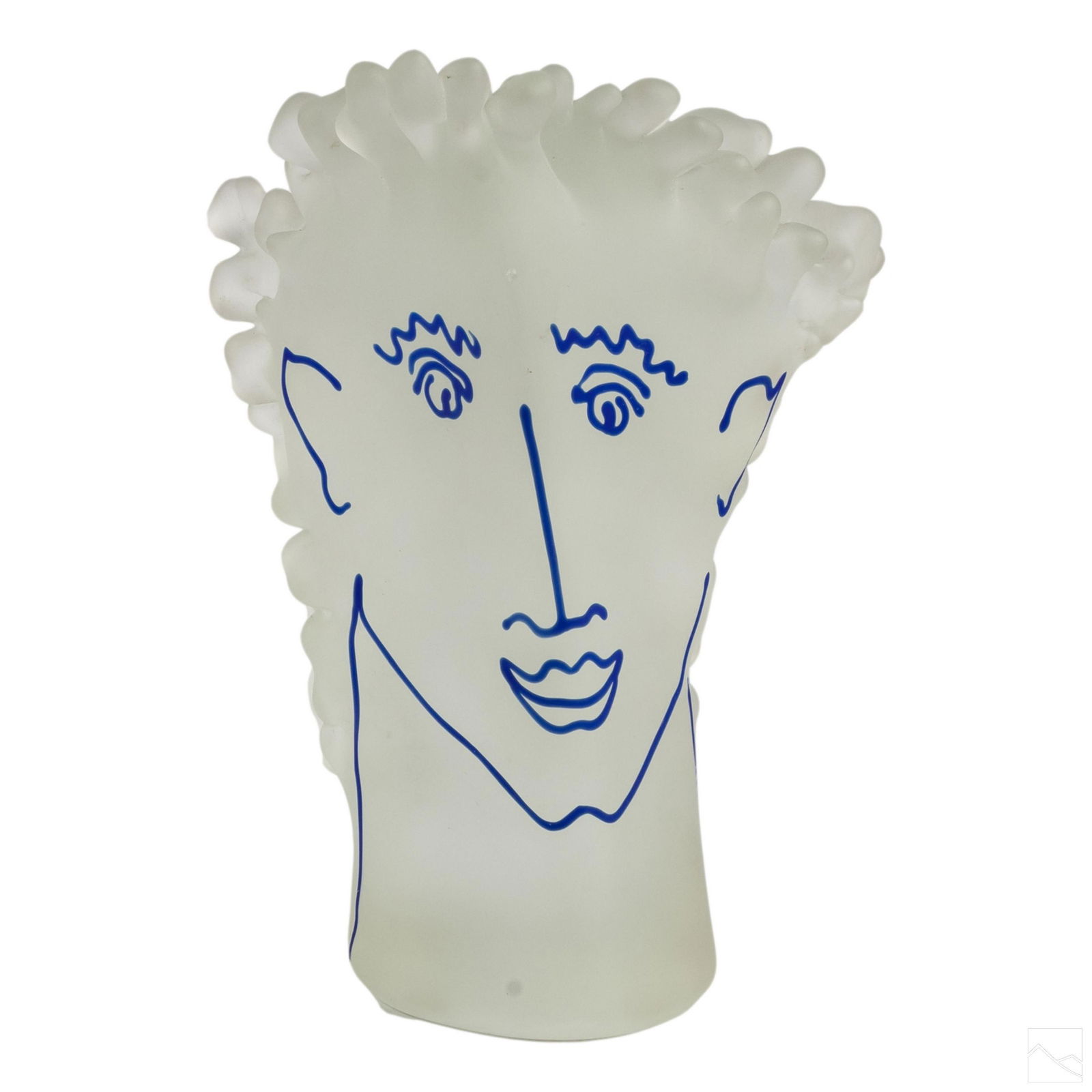 Richard Jolley b.1952 Frosted Glass Face Sculpture: Richard Jolley (American, born 1952). Signed original studio art glass face sculpture. Features frosted clear glass with blue face details. Artist signature to bottom. SHIPPINGHill Auction Gallery wil