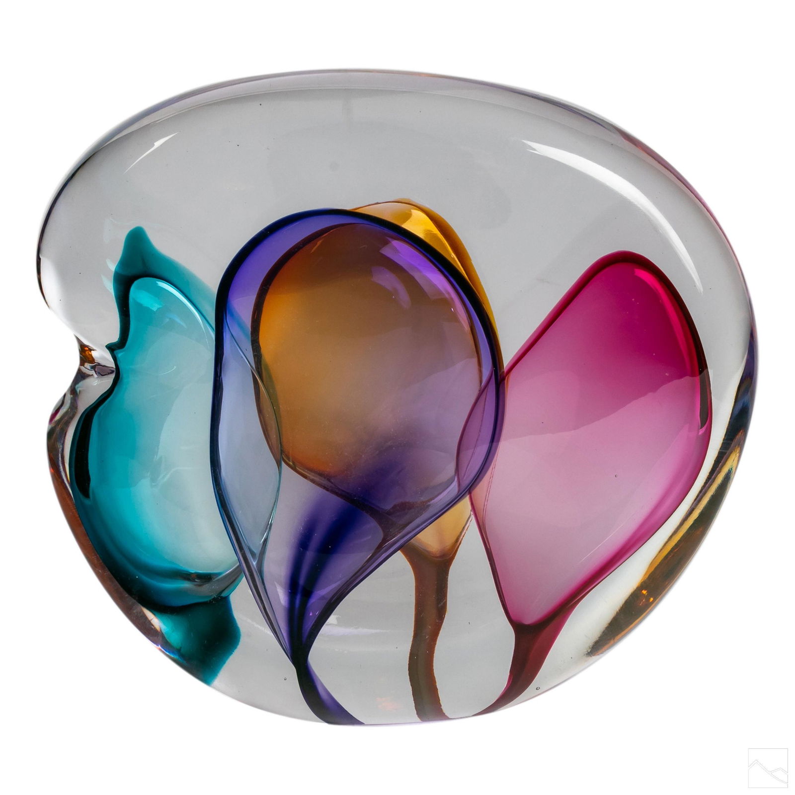 Leon Applebaum (b.1945) Studio Art Glass Sculpture: Leon Applebaum (American, born 1945). Studio art glass sculpture. Features colors of pink, yellow, purple and teal encased in a thick crystal. Artist signature to underside. SHIPPINGHill Auction Galle