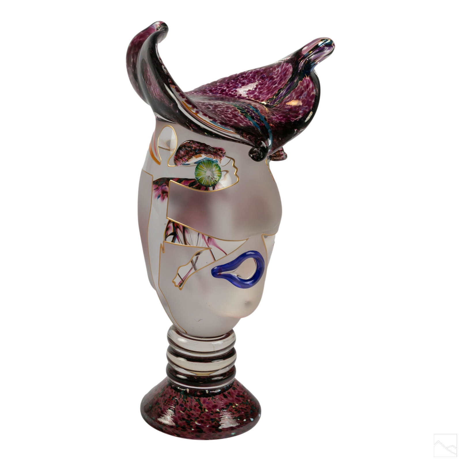 Kurt & Lynda Carlson Abstract Art Glass Sculpture: Kurt and Lynda Carlson (American, 20th to 21st Century). Studio art glass abstract head sculpture. Frosted glass with swirls of purple, black and white glass. Signed and dated 2002 on bottom neck ring