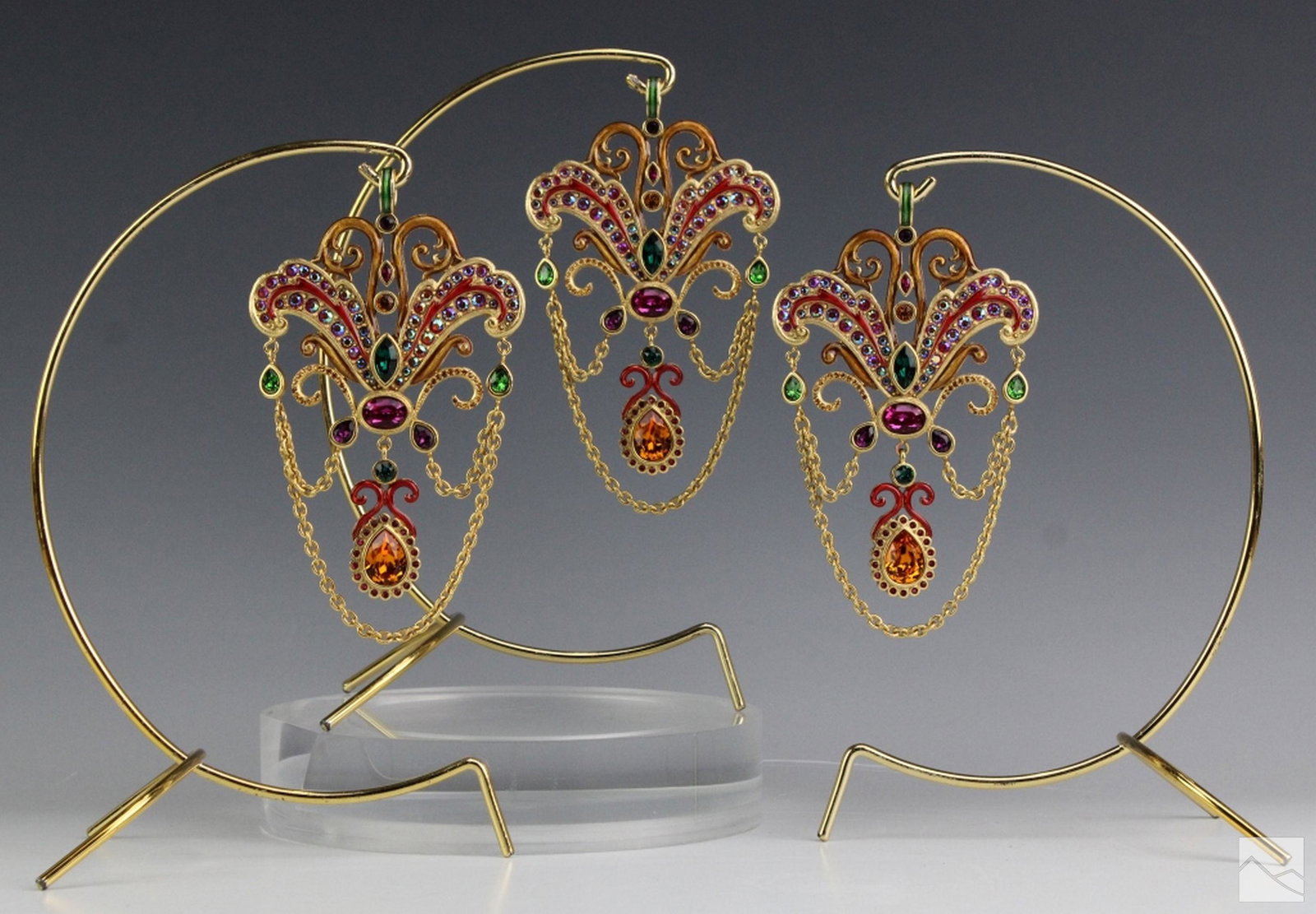 Jay Strongwater Annual Christmas Ornaments Group: Set of three Jay Strongwater 2016 annual Christmas ornaments. Featuring flawless Jay Strongwater craftsmanship. Hand painted 14k gold, embellished with stunning Swarovski crystals. Beautiful tear drop