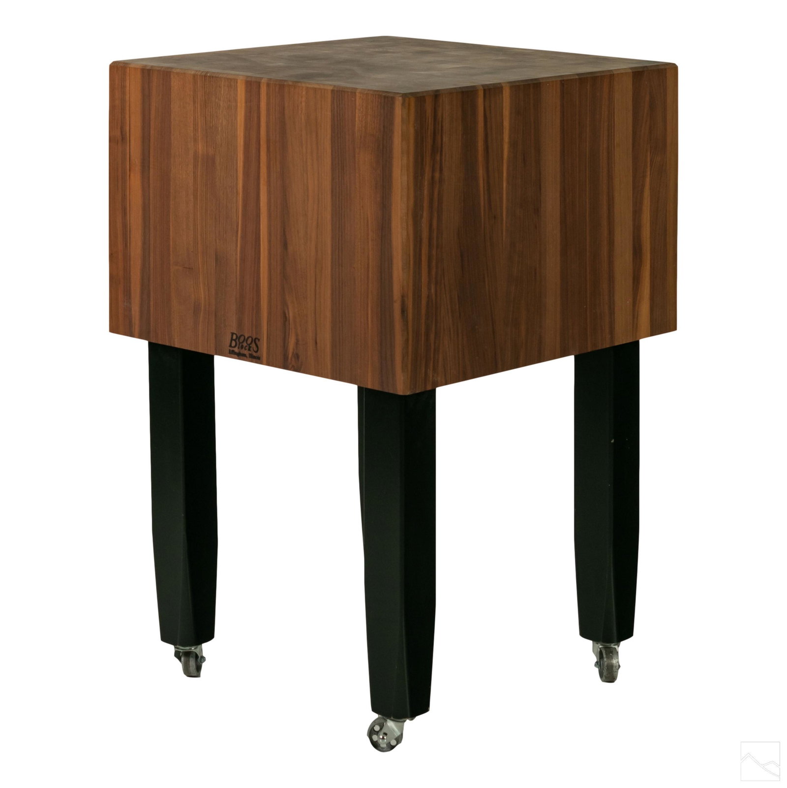 Boos 36" Wheeled Wood Butcher Block Kitchen Island: Boos kitchen chopping block. Checkered design cutting board surface with fine vertical wood grain at the sides. Block includes wheels to legs. Signed on side. SHIPPING Hill Auction Gallery will not sh