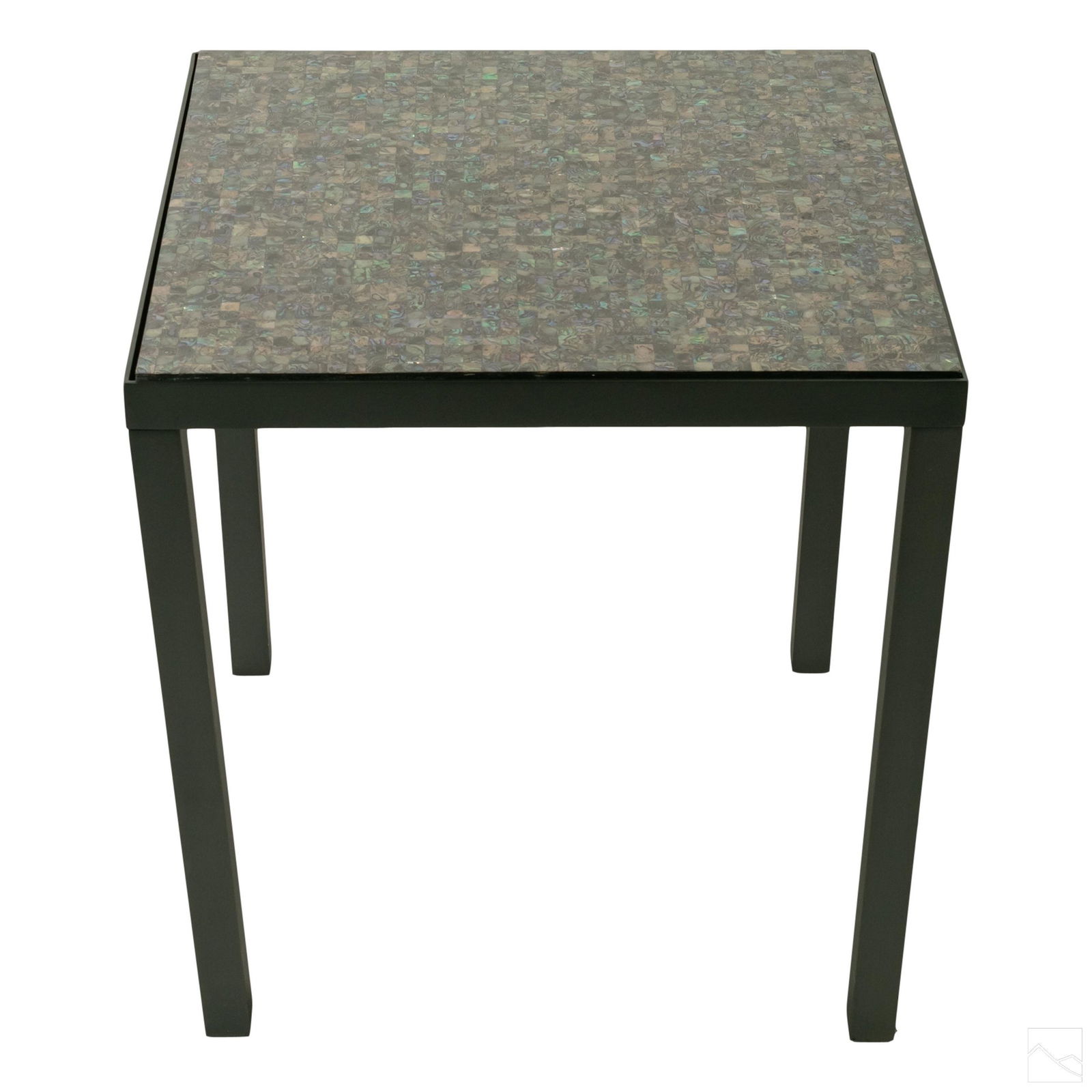 Tony Duquette 23" Abalone Shell Top Cocktail Table: Tony Duquette abalone cocktail side table. Black metal frame with fine mosaic abalone shell top. SHIPPINGHill Auction Gallery will not ship. Gallery will refer a local shipper for international buyers