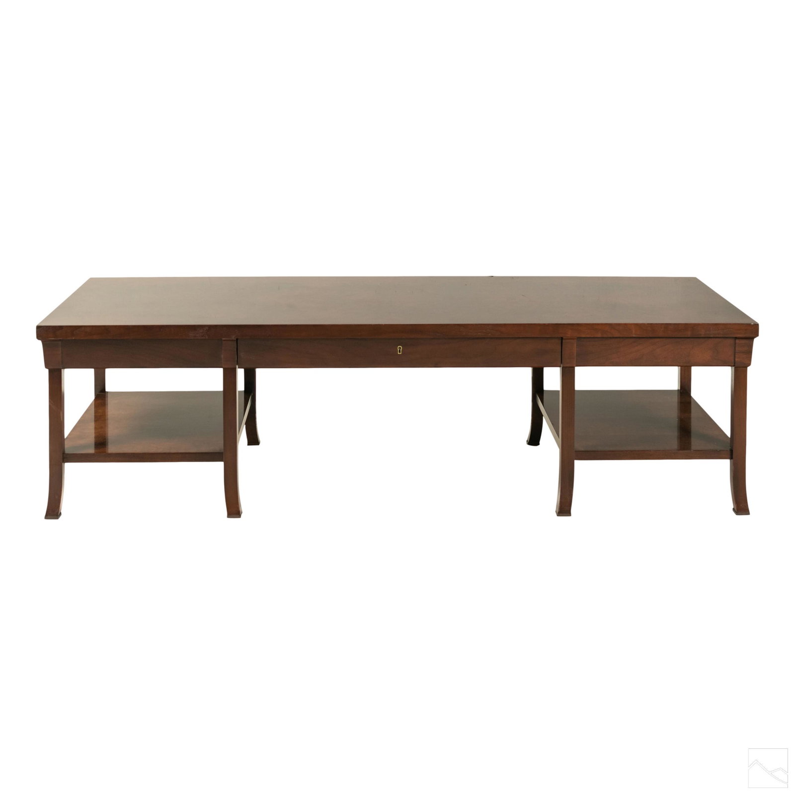 Bill Sofield for Baker 66" Mahogany Cocktail Table: Bill Sofield for Baker fine veneered mahogany coffee table. Features single center storage drawer with lock. (No key). SHIPPING Hill Auction Gallery will not ship. Gallery will refer a local shipper f