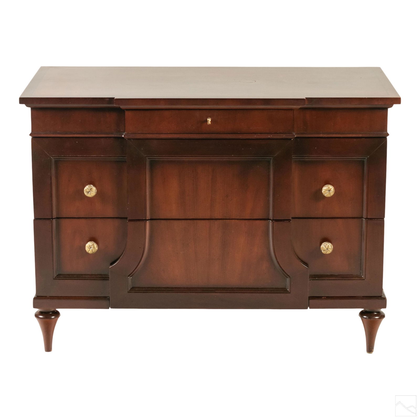 Baker Mahogany 40" Lowboy Chest Of Drawers Dresser: Baker mahogany chest of drawers mini credenza. Features fine veneered accents with ornate brass hardware. Two large drawers with smaller drawer at top. SHIPPINGHill Auction Gallery will not ship. Gall