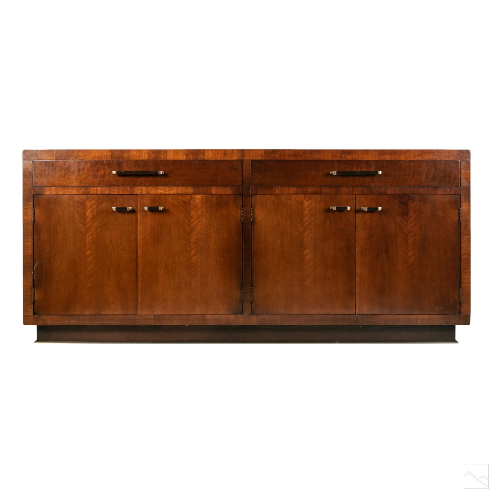 Bill Sofield for Baker Sideboard Credenza Cabinet: Bill Sofield for Baker mahogany sideboard credenza. Features fine veneered accents with brushed brass hardware and base. Two drawers, one with fabric flatware protection and storage. Four door with ad