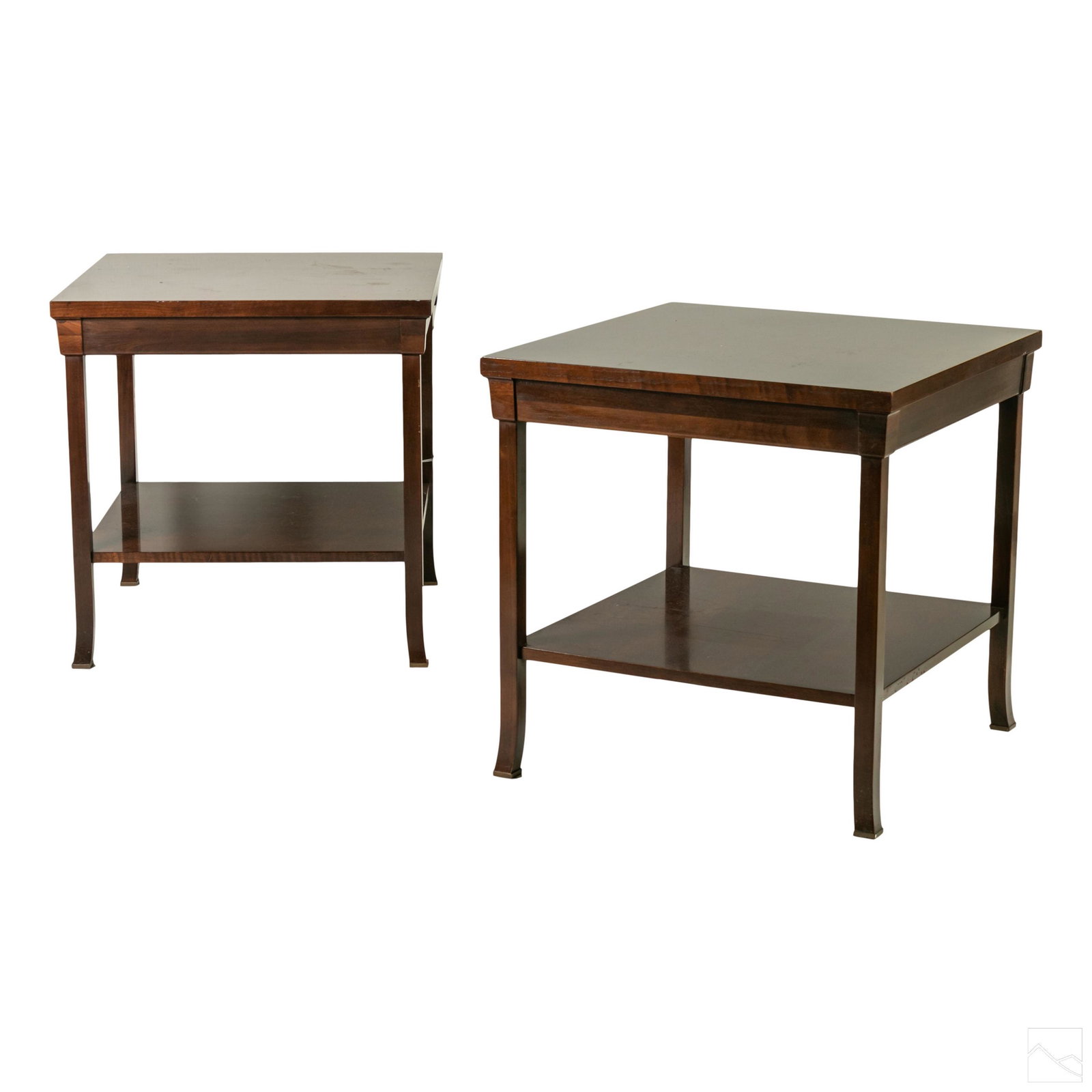 Bill Sofield for Baker Furniture Night Stands Pair: Pair of Bill Sofield for Baker mahogany two tier night stands. BAKER FURNITURE medallion to underside. SHIPPING Hill Auction Gallery will not ship. Gallery will refer a local shipper for international