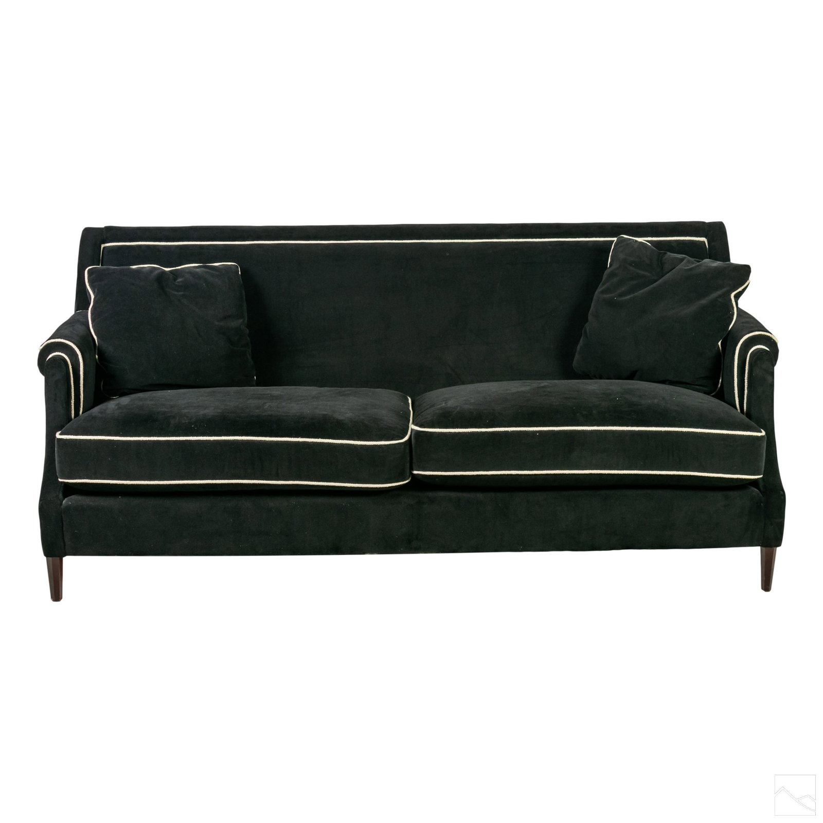 Baker Modern Black and White Upholstered Sofa Seat: Baker black upholstered sofa seat with white trim. Includes two down pillows. Label on bottom. SHIPPING Hill Auction Gallery will not ship. Gallery will refer a local shipper for international buyers.