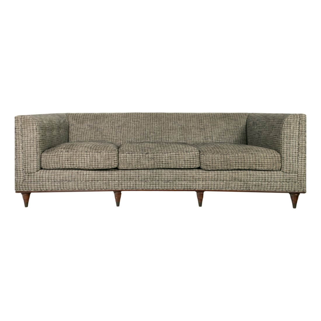 Baker Furniture Mahogany Tweed Upholstered Sofa: Baker black and white tweed upholstered sofa. Features mahogany feet and tufted back. SHIPPING Hill Auction Gallery will not ship. Gallery will refer a local shipper for international buyers. Purchase