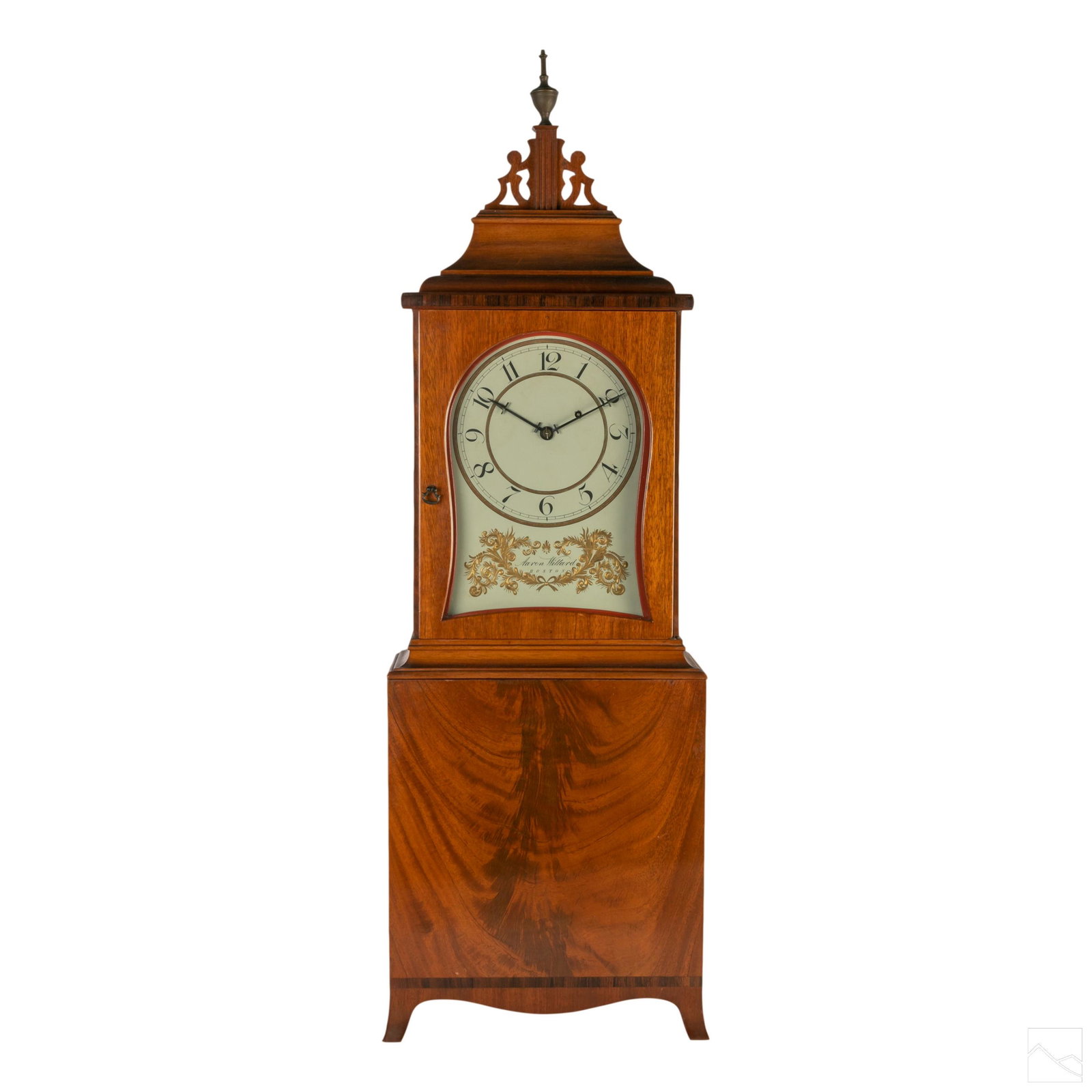 Aaron Willard Federal Era 30" Mahogany Shelf Clock: Fine Aaron Willard mahogany early American Federal Era shelf clock. Painted cream and orange metal face with raise gilt baroque accents. Signed Aaron Willard Boston. Number 02 etched into the frame of