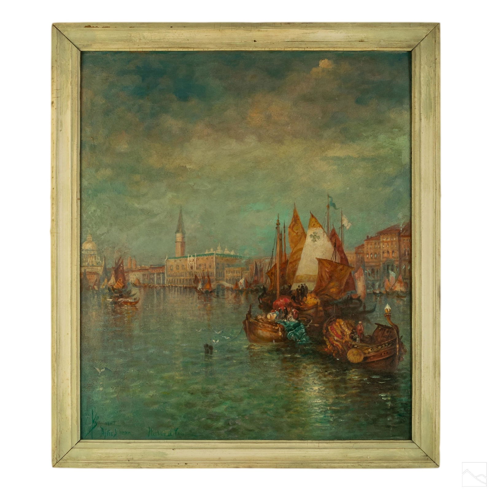 Hudson School Seascape Painting after Thomas Moran: Original oil painting on board after Thomas Moran (American, 1837-1926) and the Hudson River School. An Italian Venetian seascape with sailboats, figures and buildings on horizon. Artist signature low