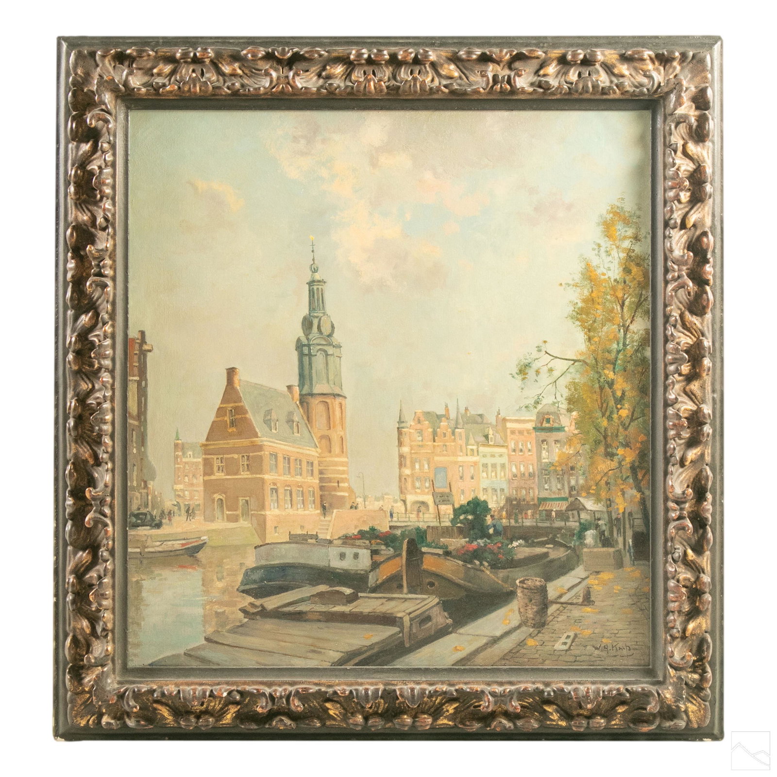 Willem A. Knip 1883-1967 Harbor Landscape Painting: Willem Alexander Knip (Dutch, 1883-1967). Original oil painting on canvas. Depicts a European harbor scene. Artist signature lower right. Housed in ornate gilt wood frame. Bears an original gallery co