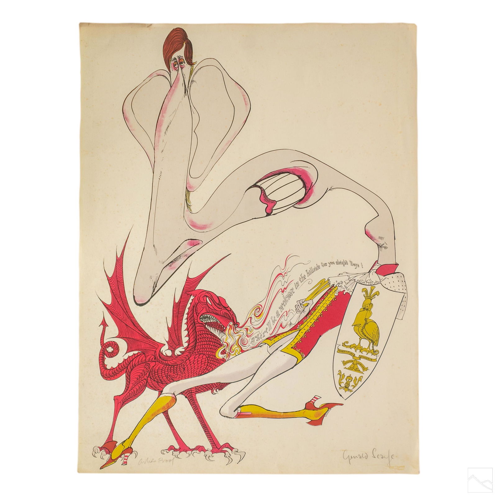 Gerald Scarfe (b.1936) Prince Charles Litho AP LE: Gerald Scarfe (English, born 1936). Signed artist proof lithograph. Features the work titled "Prince Charles's Investiture." Signed lower right and marked Artist Proof. Will be shipped rolled. Work si