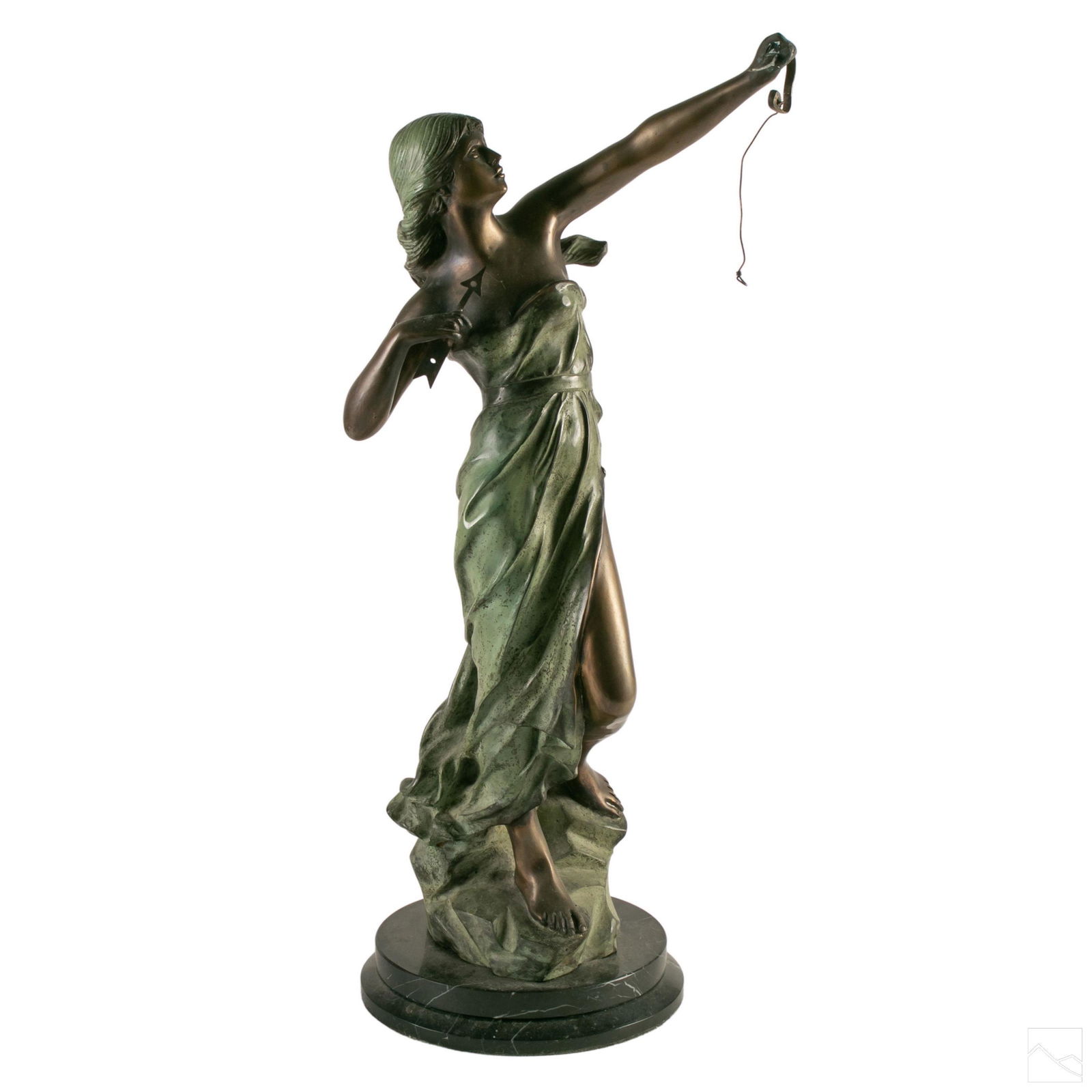 Neoclassical Diana The Huntress Bronze Sculpture: Vintage artist signed bronze sculpture. Features the form of a woman with arrow in one hand and remnants of a bow in the other hand. Signed Z. de Loca on verso. Fixed to a tiered base. Work size: 24 x