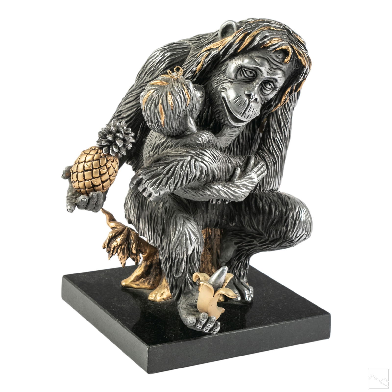 Frank Meisler (1929-2018) Metal Monkey Sculpture: Frank Meisler (Israeli,1929-2018). Fine mixed metal sculpture of mother monkey holding a baby, a banana, and a pineapple. Titled "Motherhood". Sculpture is articulated and fixed to spinning black marb