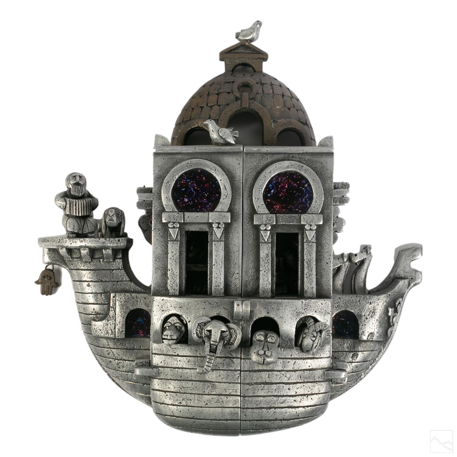 Frank Meisler 1929-2018 Modern Noah Ark Sculpture: Frank Meisler (Israeli,1929-2018). Fine mixed metal wall hanging Noah's Ark wall plaque sculpture. Features hinged doors with latch that opens to display the interior of boat. Colorful glass elements 